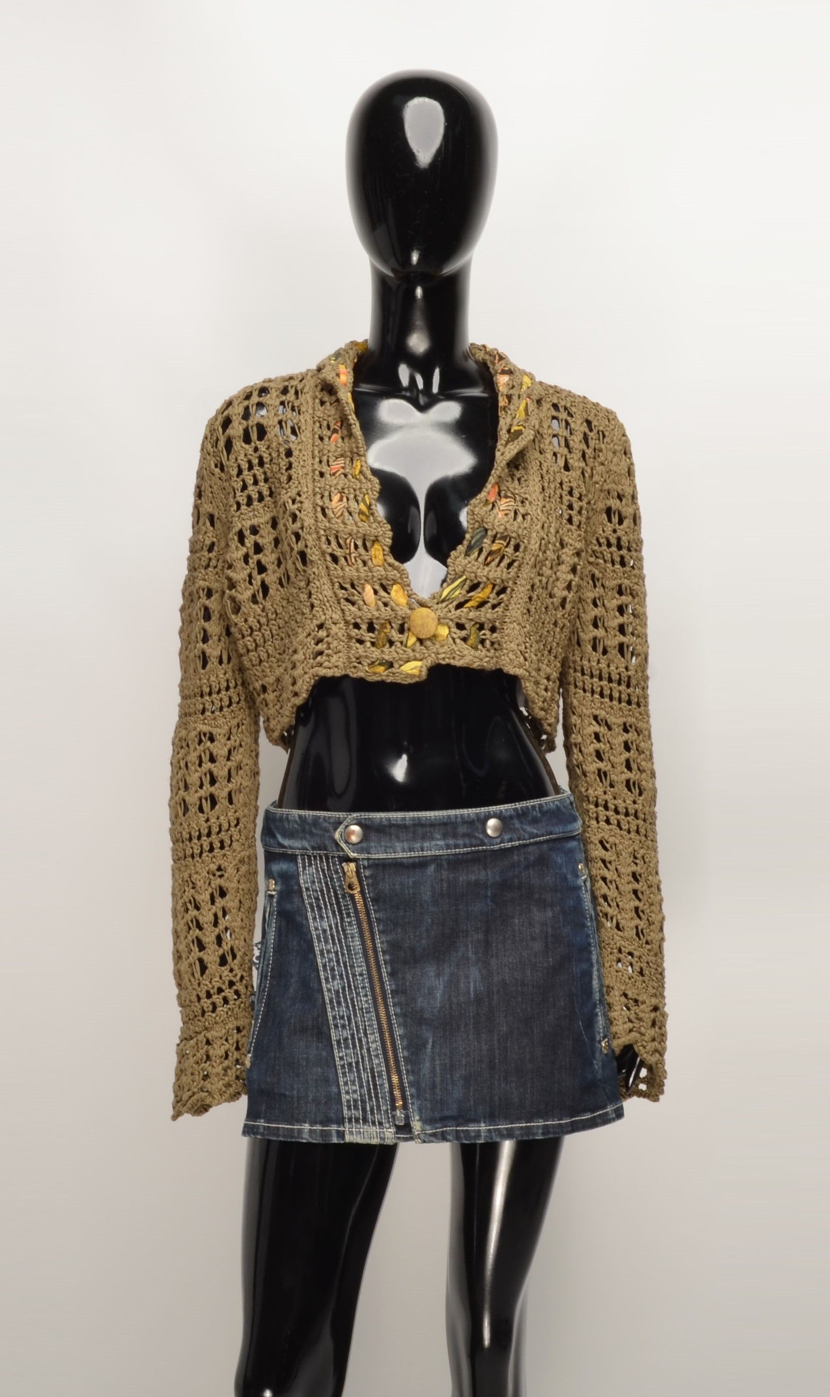 Vintage Vintage Per Una Y2K Crochet Knit Khaki Boho Cropped Cardigan Size M / US 6-8 / IT 42-44 - 1 Thumbnail
