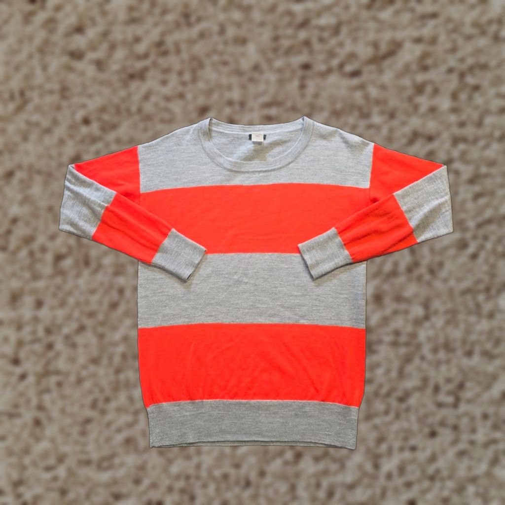J.Crew J.CREW Sweater Womens Small Orange Gray Rugby Striped Merino Wool Classic Casual Pullover Knit Crew Neck Long Sleeve Wool Winter Fall Size S / US 4 / IT 40 - 1 Thumbnail