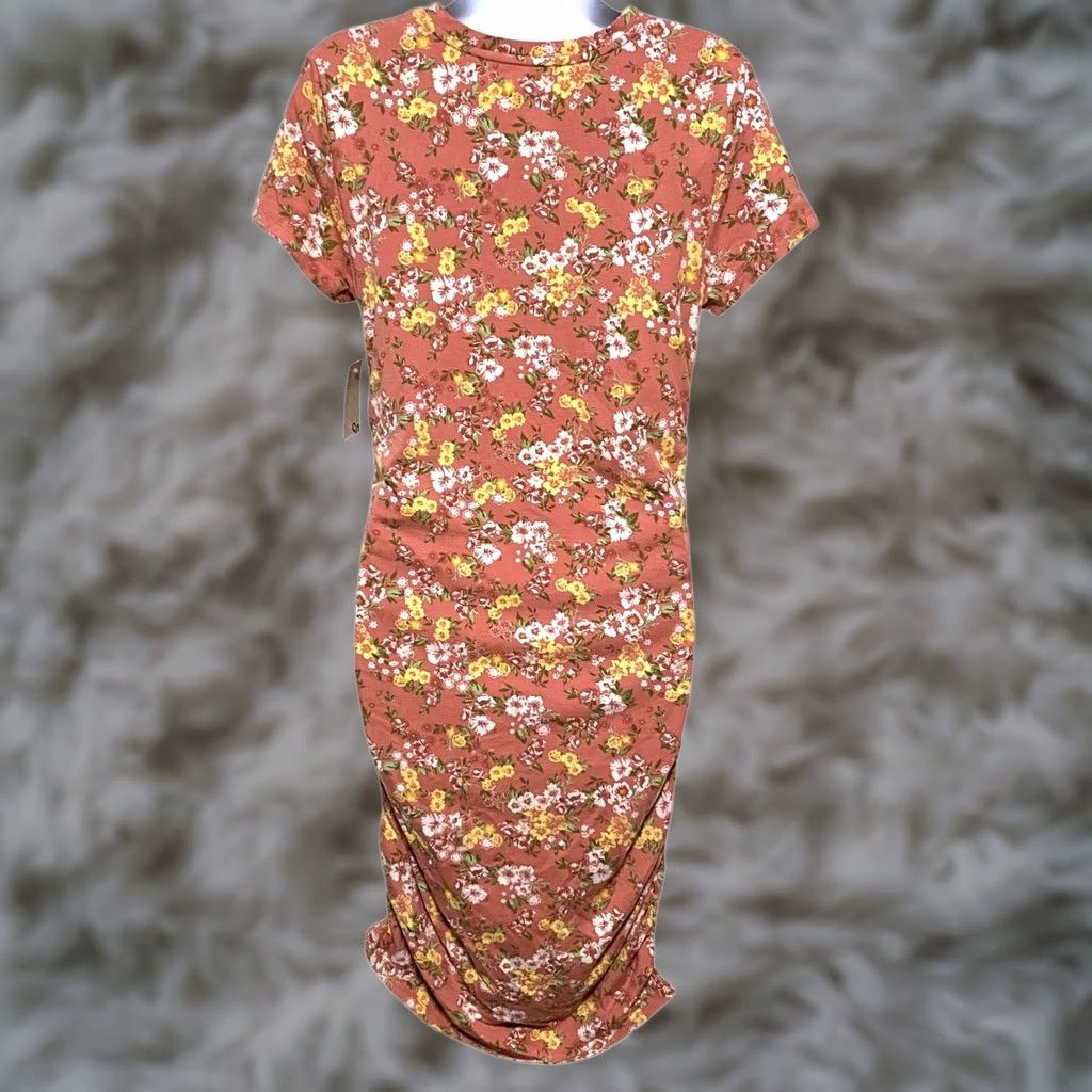 Pinko VINTAGE So Floral Pink Ruched Bodycon Tee Dress L Prairie Cottage Bloomcore Stretch NWT Size L / US 10 / IT 46 - 1 Thumbnail