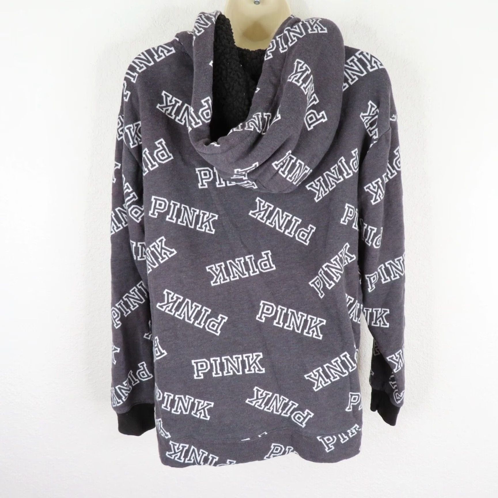 Victoria's Secret PINK Victoria's Secret Women's Small Dark Gray Logo Pullover Hoodie Sherpa Hooded Pullover Size S / US 4 / IT 40 - 5 Thumbnail