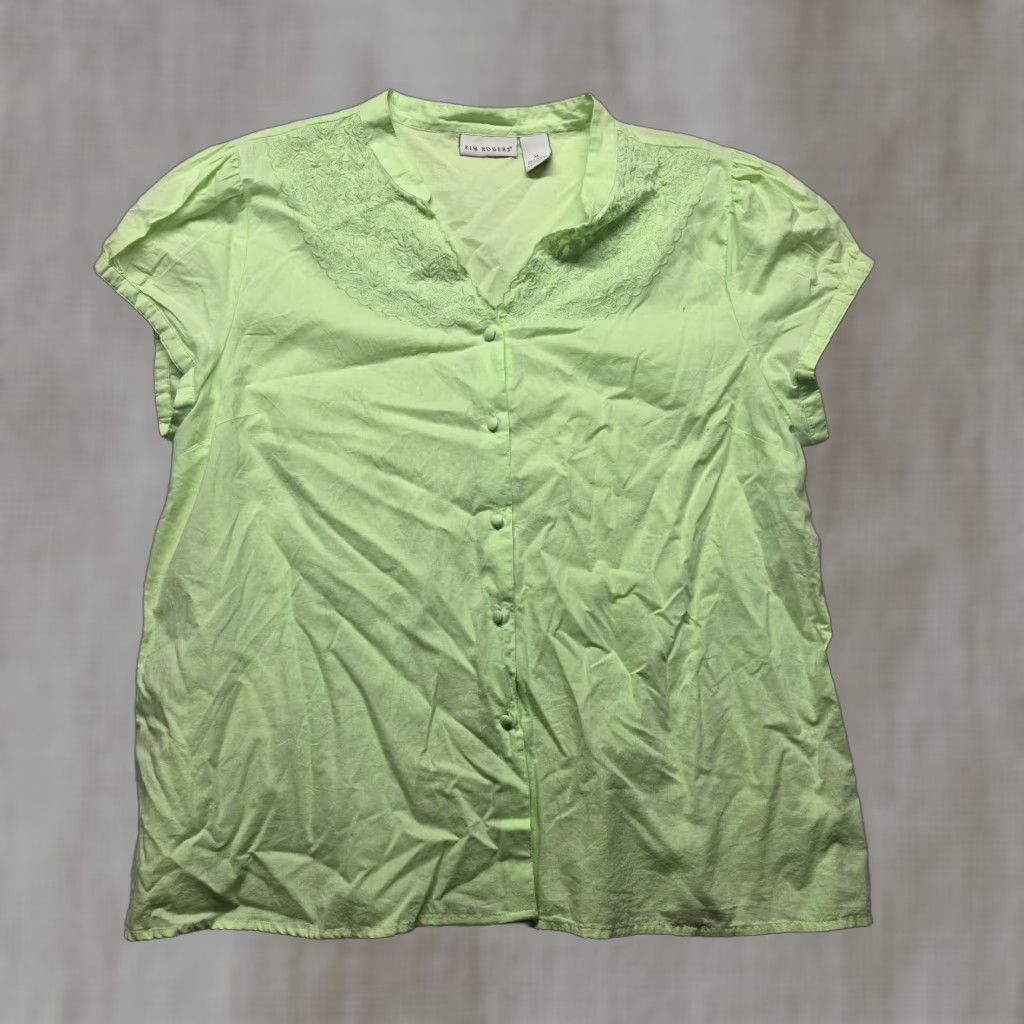 Vintage Kim Rogers Shirt Green Linen Tunic Top Women XL Short Sleeve Button Down V-Neck Fall Spring Summer Pullover Peasant Style Size XL / US 12-14 / IT 48-50 - 1 Thumbnail