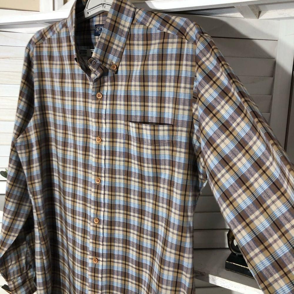 Vintage blue tan brown plaid lightweight cotton long sleeves shirt M Size US M / EU 48-50 / 2 - 4 Thumbnail