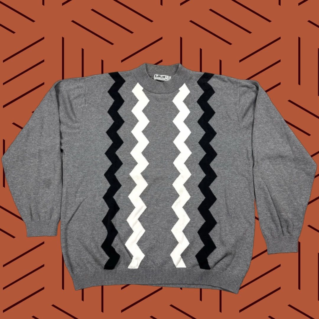 Savane VTG Lavane Mens Cotton Blend Mock Neck Geometric Pullover Sweater XL Gray Knit Geometric 80s 90s USA Mens Size US XL / EU 56 / 4 - 1 Thumbnail