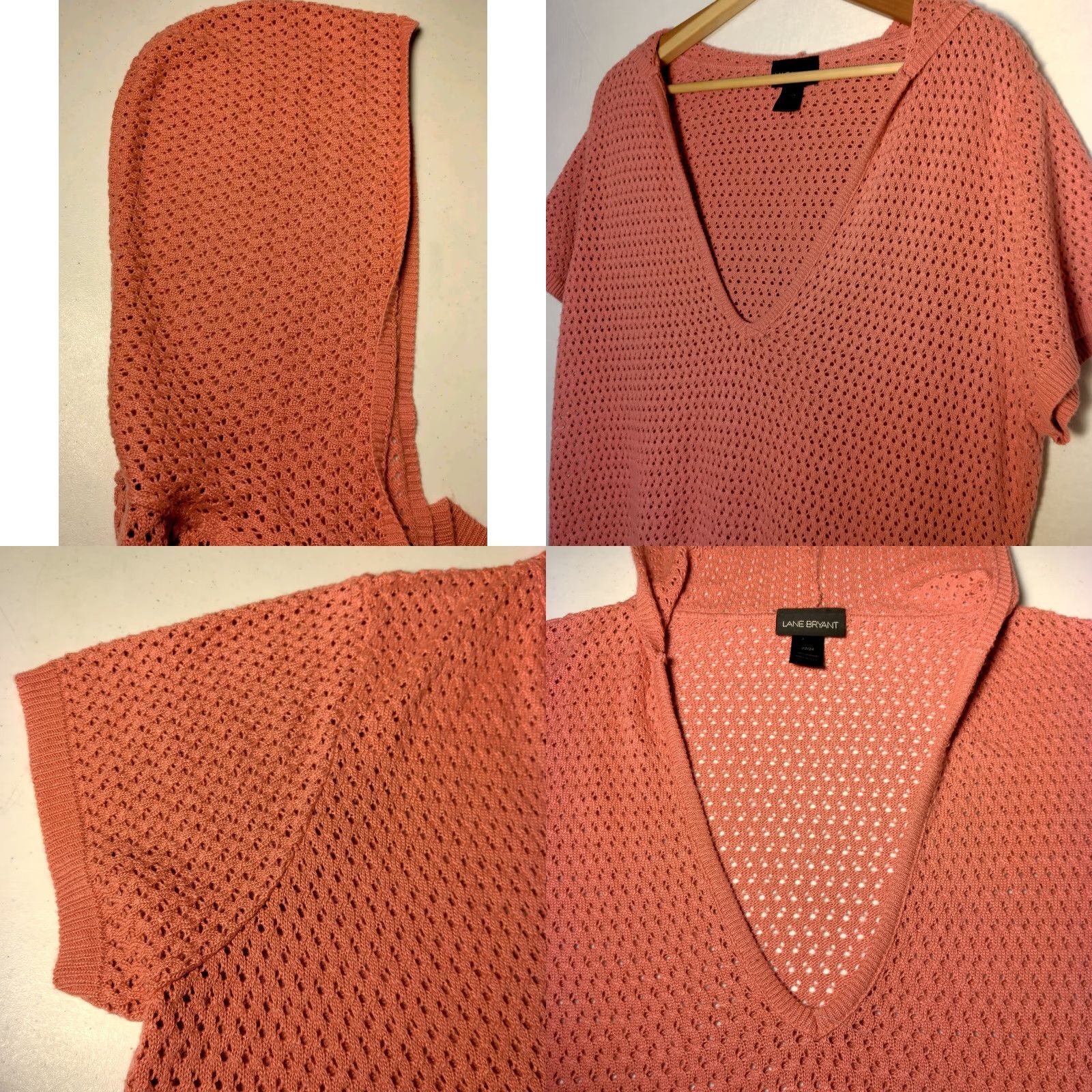Vintage Lane Bryant Sweater Hooded Open Knit Short Sleeve V-Neck Casual Pullover Plus Size 22/24 Salmon Pink Size 3XL / US 20-22 - 8 Thumbnail