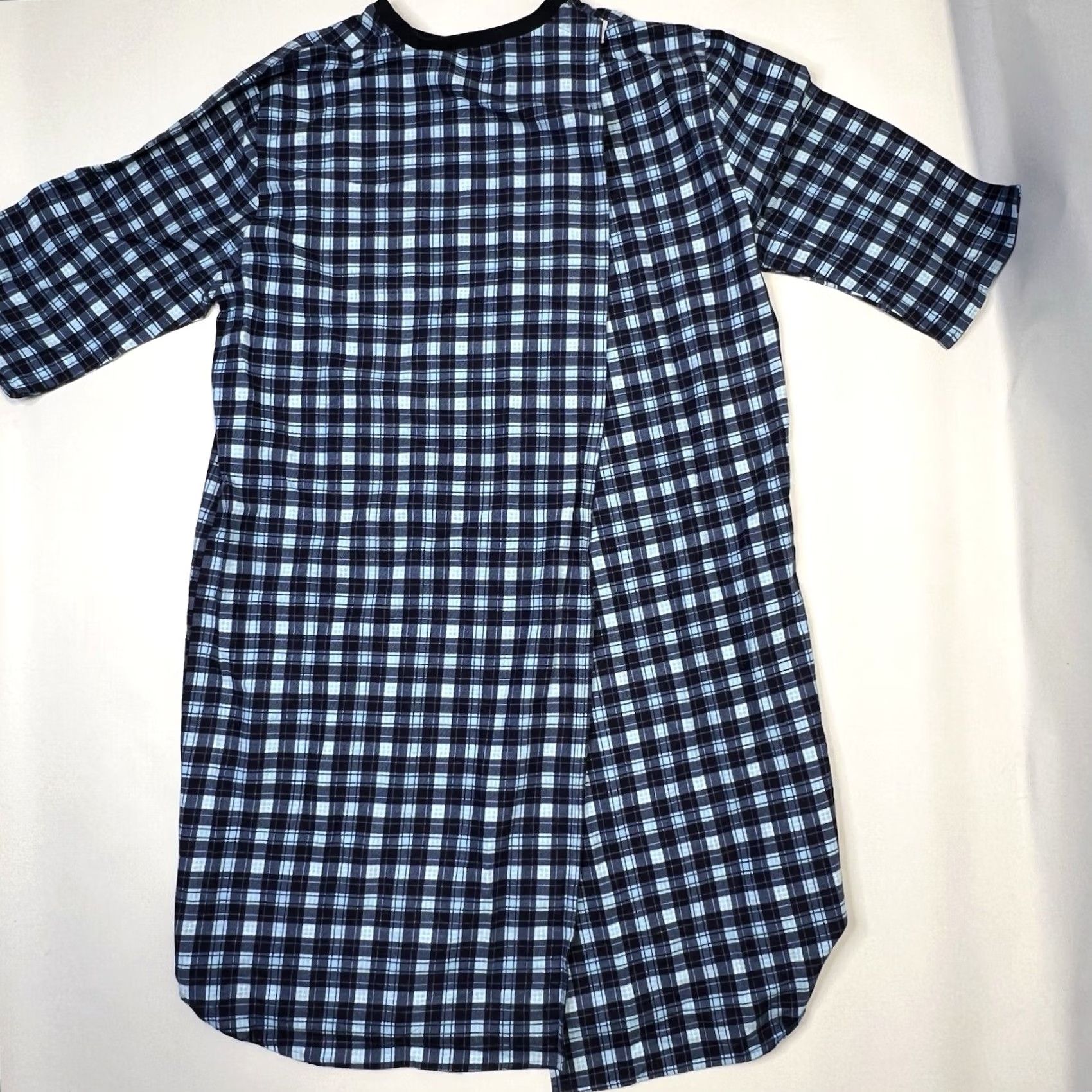 Vintage VINTAGE? (No) Silverts Nightgown Womens Gown Blue Knit Snaps Open Back 3/4 Sleeve Plaid V-Neck Large Medical Hospital Adapt I can't include "?" Size L / US 10 / IT 46 - 2 Thumbnail