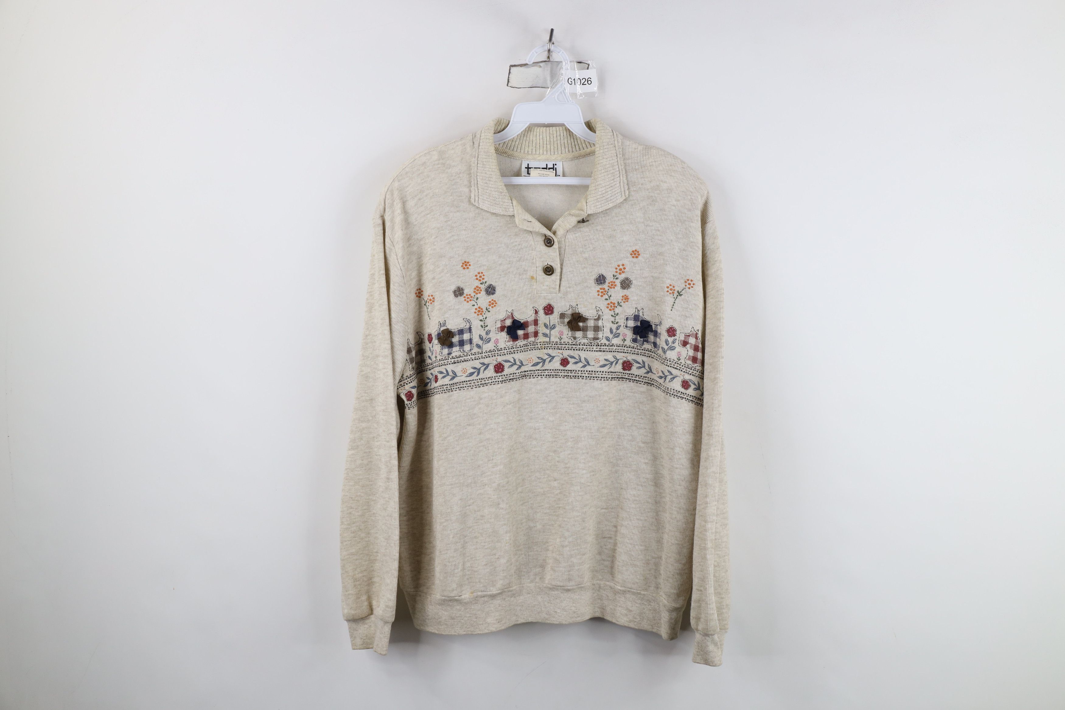 Vintage Vintage 90s Streetwear Dog Flower Ribbed Knit Polo Size L / US 10 / IT 46 - 1 Thumbnail