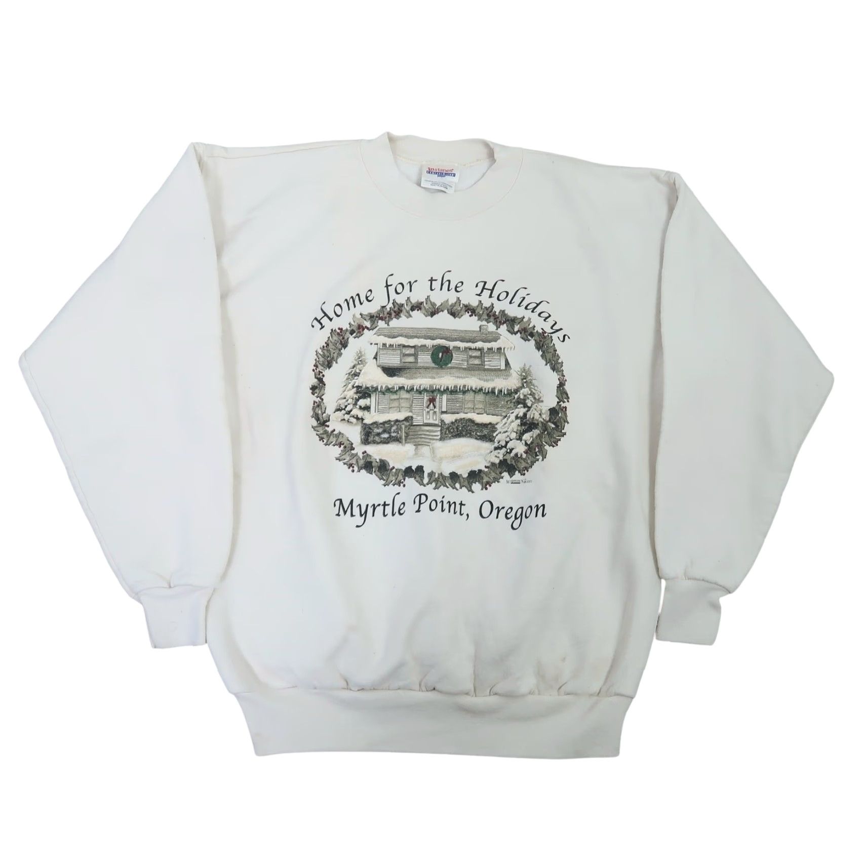 Hanes VINTAGE Hanes Sweatshirt Cream Oregon Holiday House Graphic M Womens Crew Neck Pullover Cotton Polyester 90s Christmas Casual Size M / US 6-8 / IT 42-44 - 2 Thumbnail