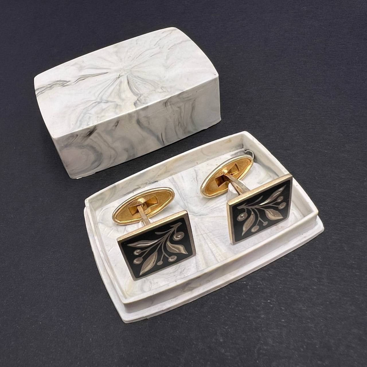 Vintage Ussr Niello Gilt Silver 875 Enamel Jewelry Cufflinks in Black, Men's
