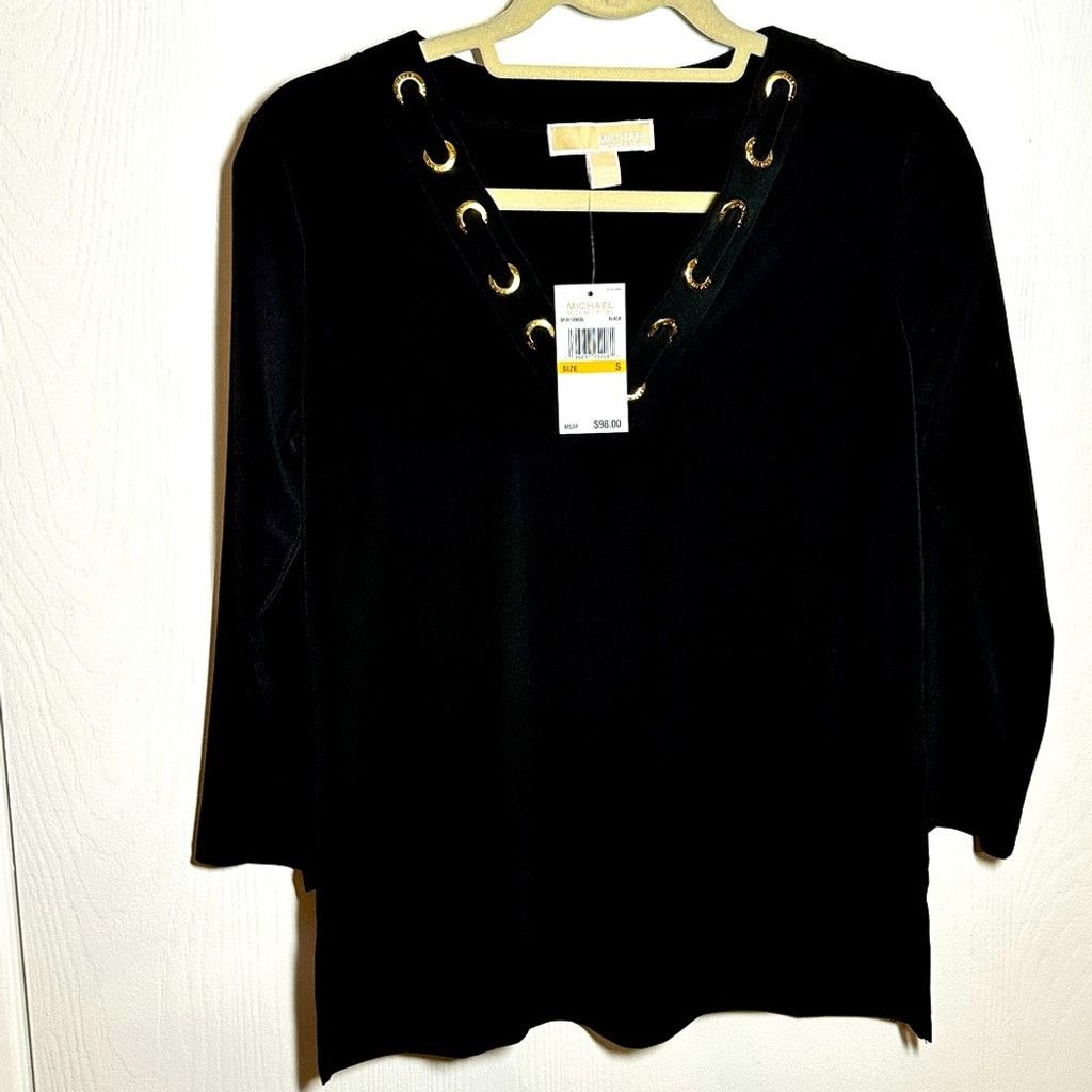 Michael Kors Michael by Michael Kors Black 3/4 Sleeve Lace-up Top Size S / US 4 / IT 40 - 1 Thumbnail
