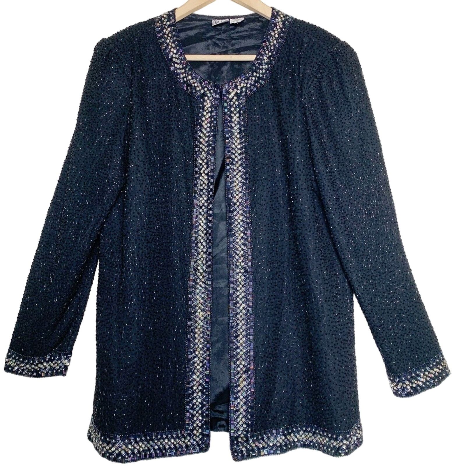 Vintage Vintage Black & Silver Beaded Sequined Long Jacket Small Size S / US 4 / IT 40 - 1 Thumbnail