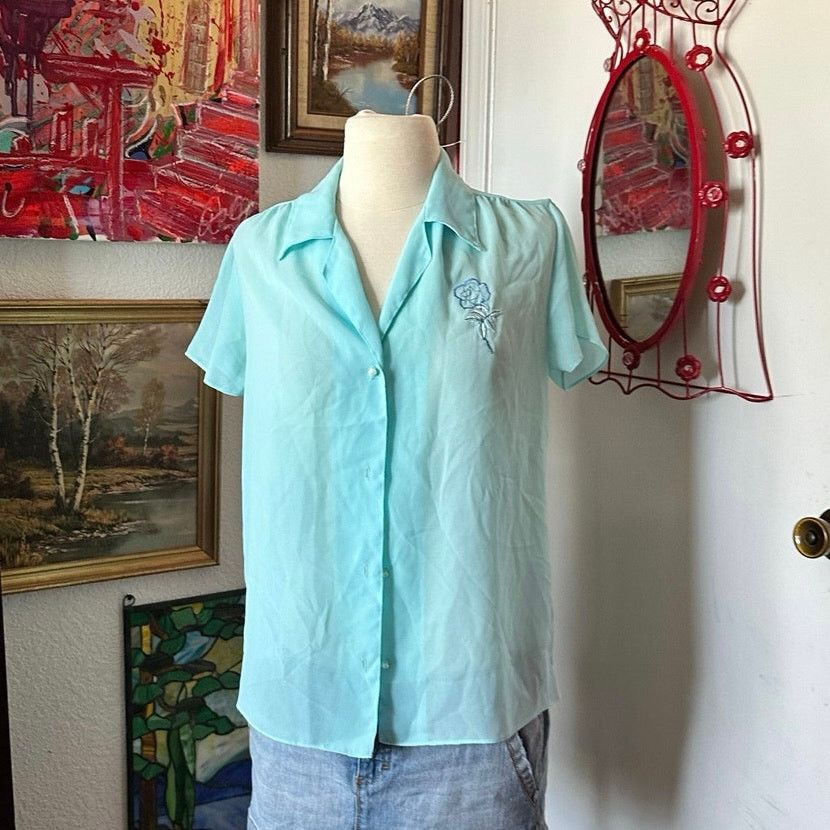 Other de min blue sheer button up floral embroidered shirt Size M / US 6-8 / IT 42-44 - 1 Thumbnail