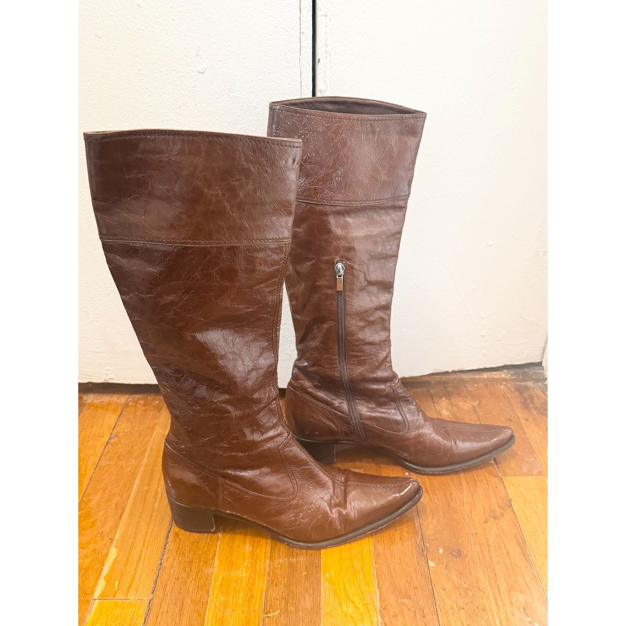 Vintage Vero Cuoio Women's Brown Patent Leather Side Zip Knee High B Size US 10 / IT 40 - 2 Thumbnail