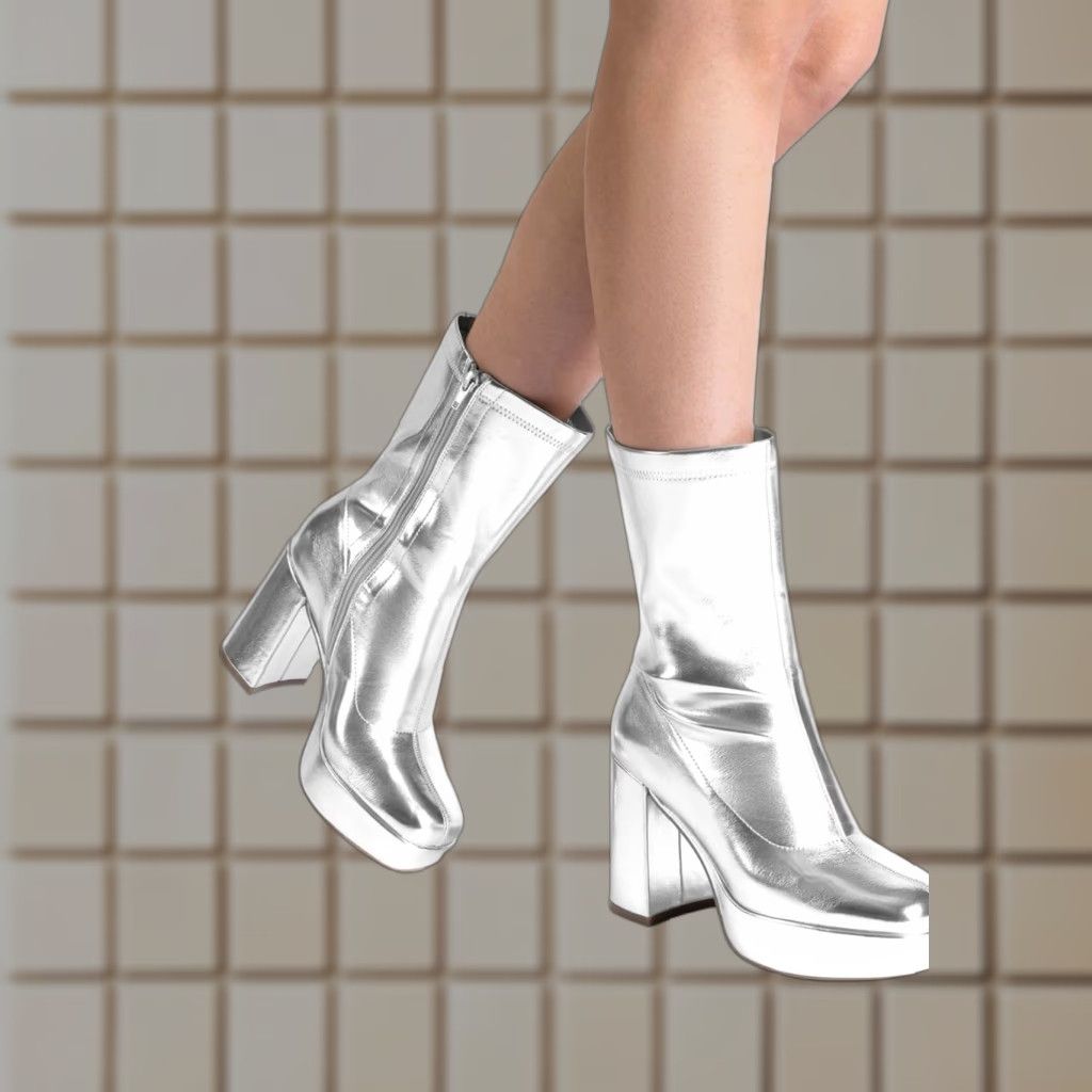 Vintage WomenS Gogo Boots Size 7 Metallic Silver Platform Chunky Block Heel Shoes Mid-Calf Disco Clubwear, Women's