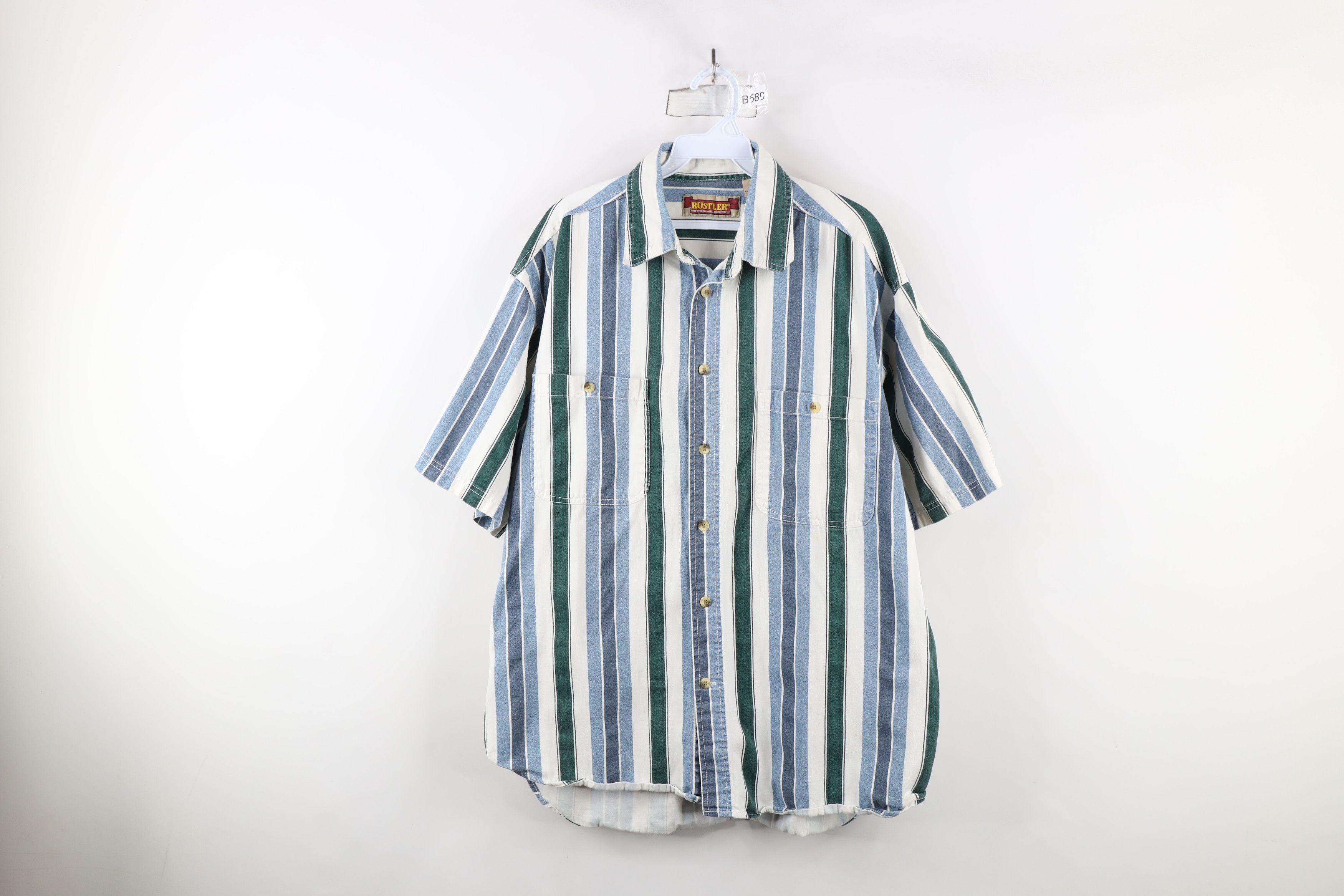 Vintage Vintage 90s Streetwear Striped Block Denim Button Shirt Size US L / EU 52-54 / 3 - 1 Thumbnail