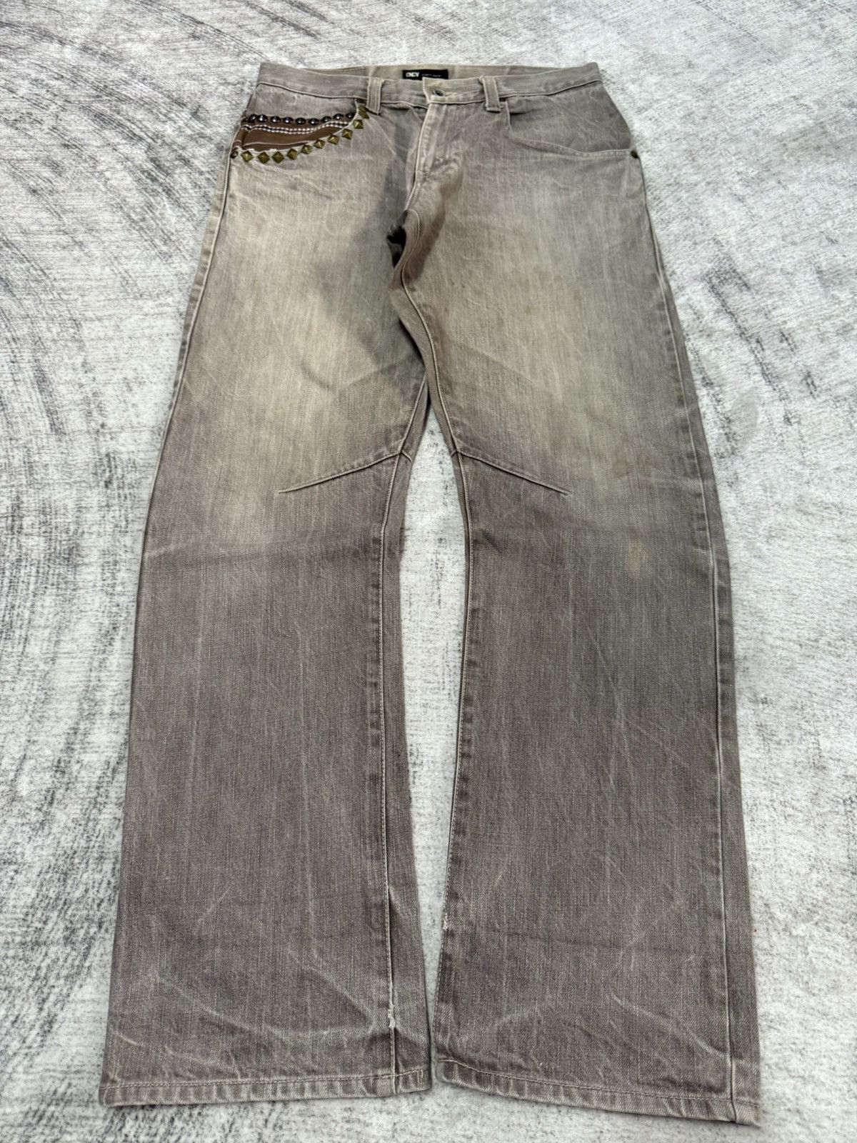 Concave Japan Studded Details Tribal Panel Gray Wash Jeans