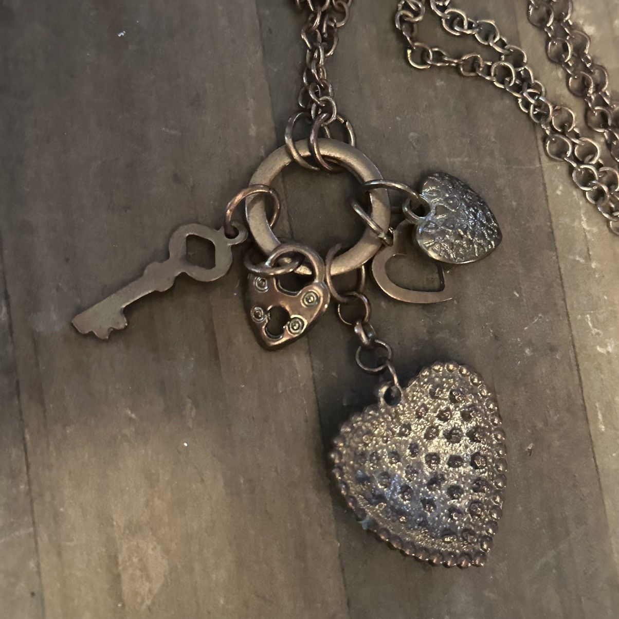 Other Long bronze tone rhinestone heart, key and padlock necklace Size ONE SIZE - 2 Thumbnail
