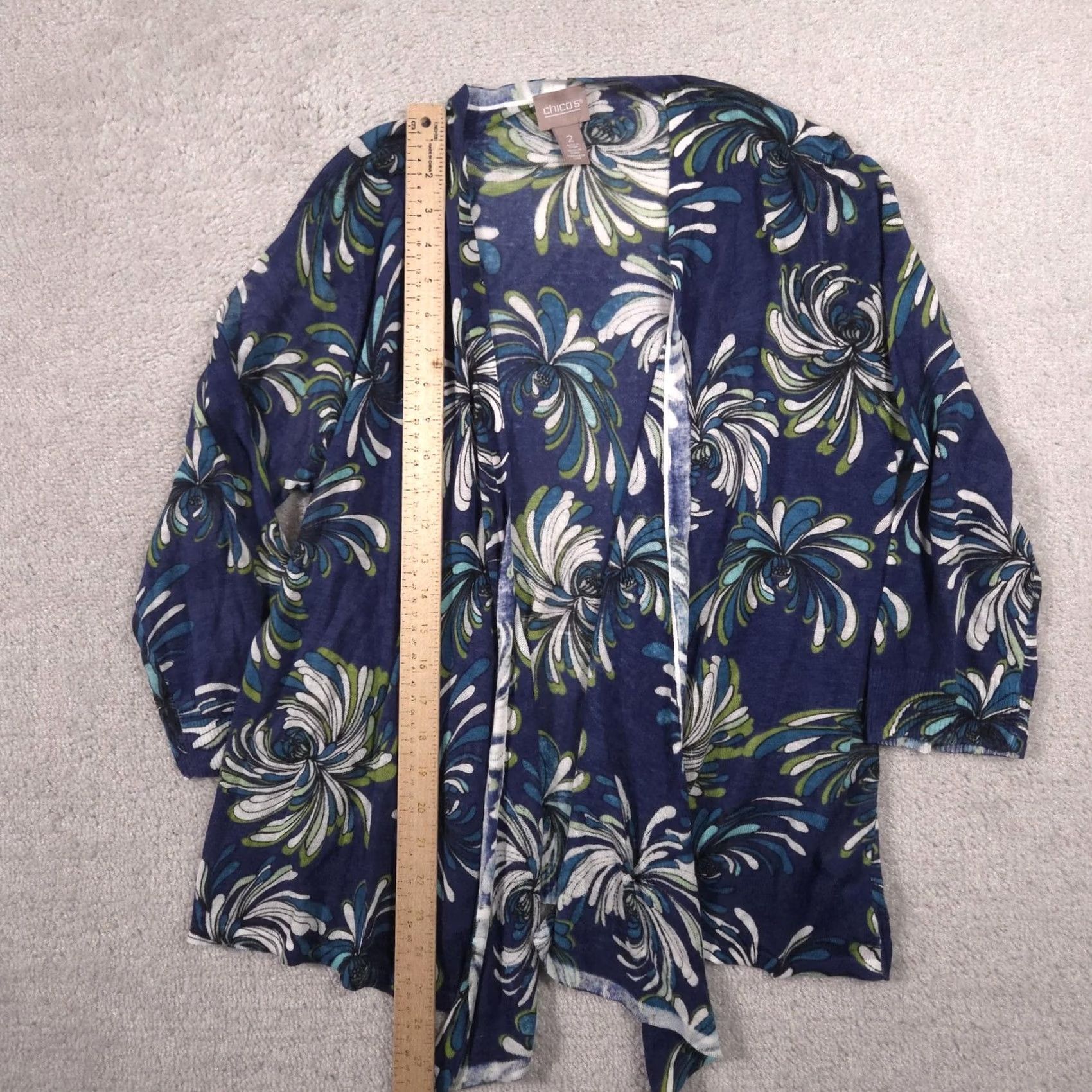 Vintage Chico's Cardigan Sweater Womens 2 Blue Floral Open Front Lightweight 3/4 Sleeve V-Neck Spring Casual Womens Size XS / US 0-2 / IT 36-38 - 6 Thumbnail