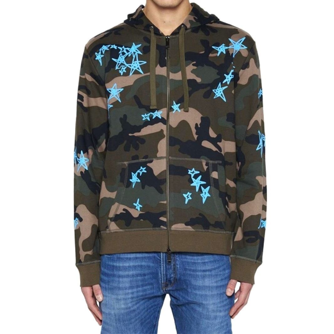 Valentino Army Green Camo Print Blue Stars Front Zip Hoodie 