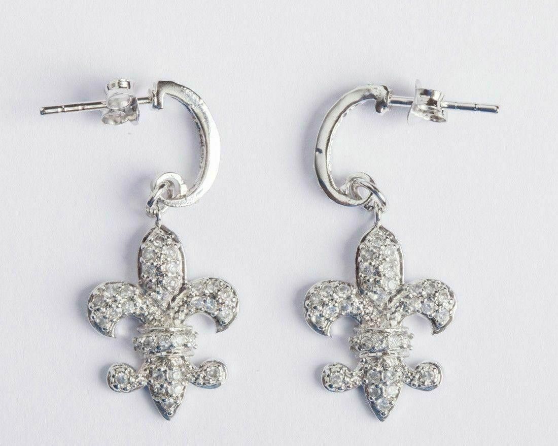 Designer Sterling Silver Pave Fleur lis Pave Cubic Zirconia Earrings Size ONE SIZE - 1 Thumbnail