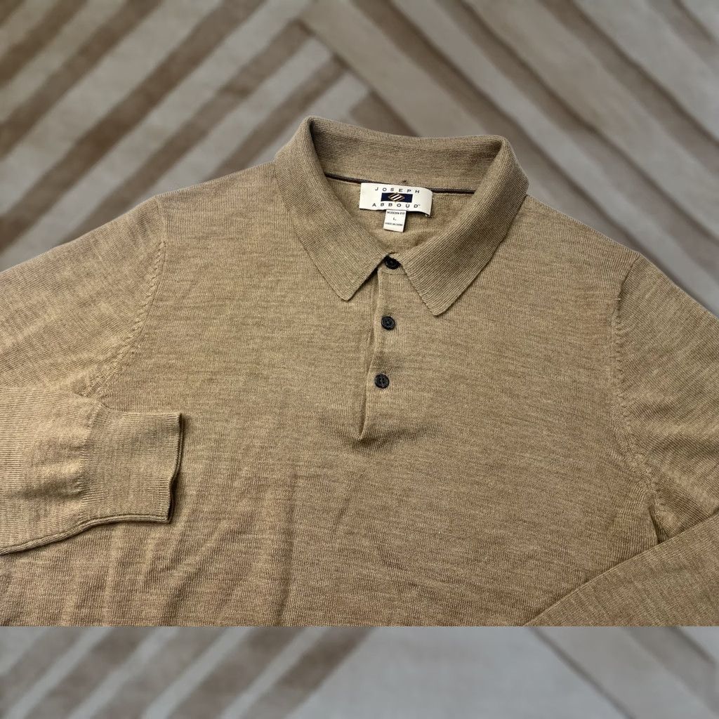 Joseph Abboud Joseph Abboud Sweater Polo Mens L Beige 100% Merino Wool Knit Pullover Regular Fit Long Sleeve Collared Button All Seasons Fall Knit Style Pullover Size US L / EU 52-54 / 3 - 1 Thumbnail