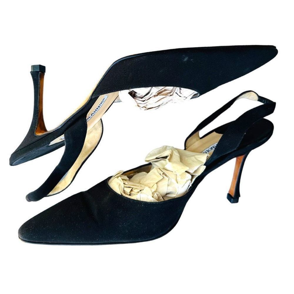 Manolo Blahnik MANOLOL BLAHNIK Carolyne 70 Black Leather Suede Slingback Pu Size US 8.5 / IT 38.5 - 1 Thumbnail