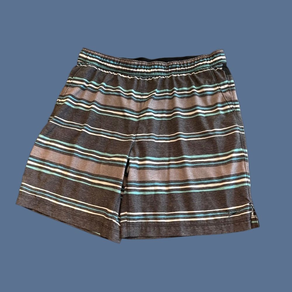 Speedo Speedo Shorts Striped Board Drawstring Gray Blue Mens Swim Large Size US 33 - 1 Thumbnail