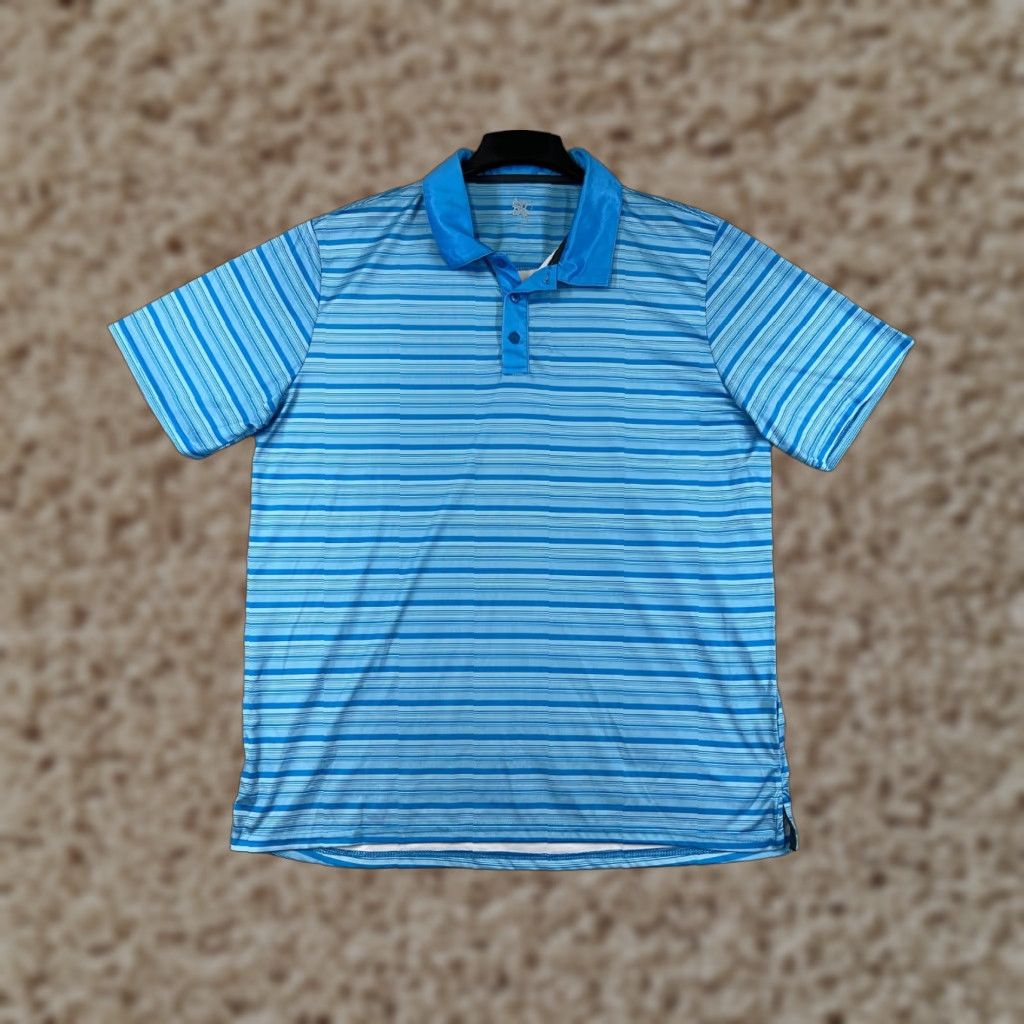 Vintage R&R Polo Shirt Mens 2XL 100% Polyester Striped Blue Polo Shirt Casual, Workwear, Golf, Athletic Mens Shirt Size US XXL / EU 58 / 5 - 1 Thumbnail