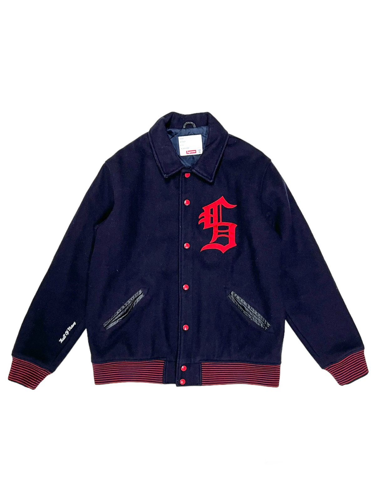 image of Supreme Old English Melton Wool Varsity Jacket in Navy, Men's (Size XL)