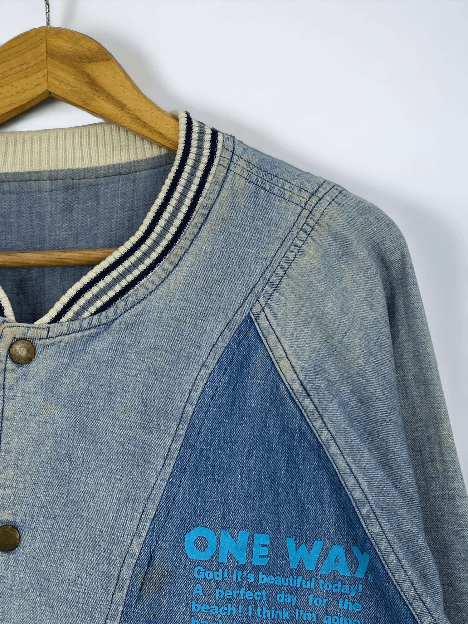 Japanese Brand Vintage One Way Varsity Bomber Denim Jacket VA0005 Size US XL / EU 56 / 4 - 7 Thumbnail