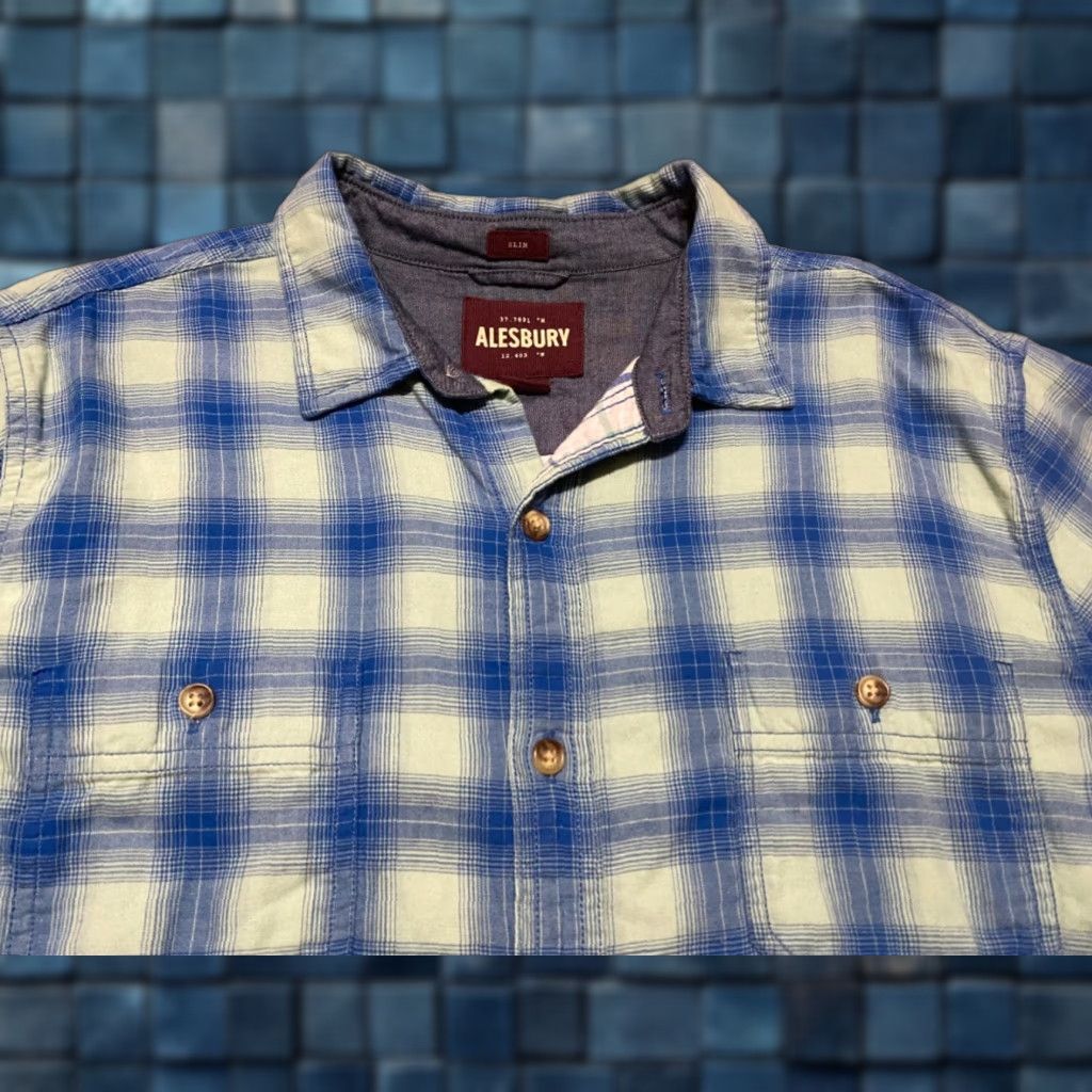 Vintage Alesbury Mens Large Shirt Blue Plaid Long Sleeve Button-Front 100% Cotton Slim Size US L / EU 52-54 / 3 - 1 Thumbnail