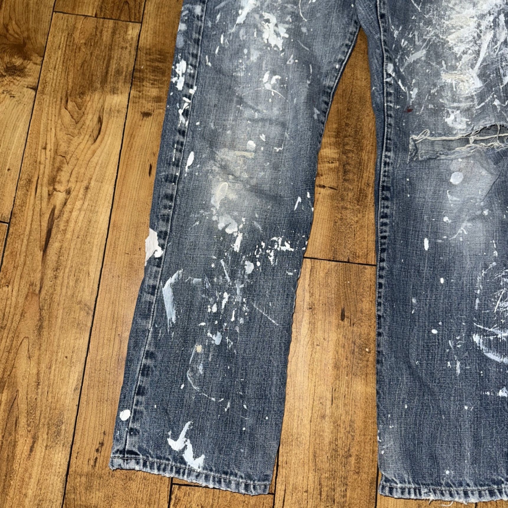 Denime VINTAGE X2 Quality Denim M11 Low Rise Straight Leg Jeans Mens 33 32 Blue Distressed Denim Workwear Size US 33 - 2 Thumbnail