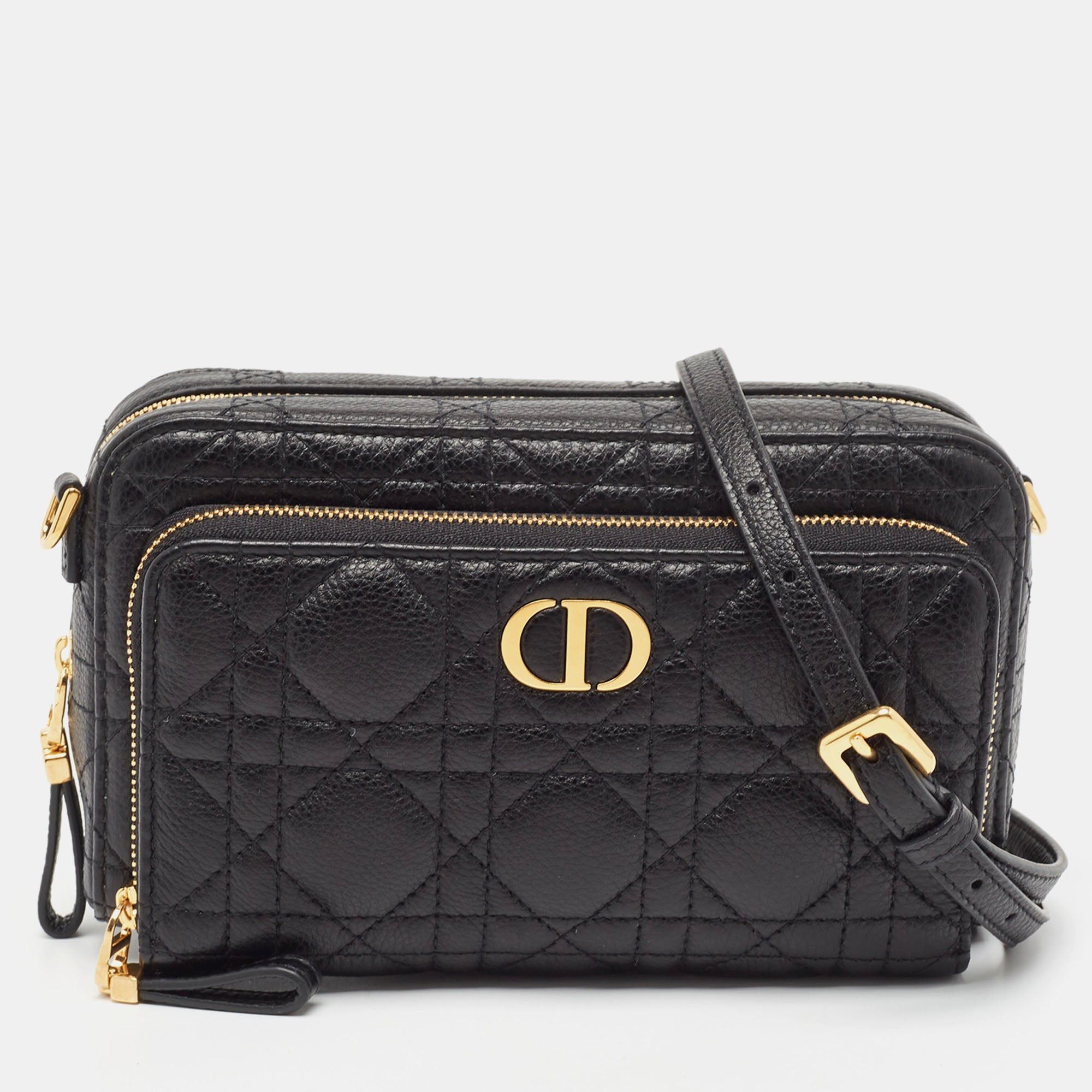 image of Dior Black Cannage Leather Caro Double Pouch Bag, Women's