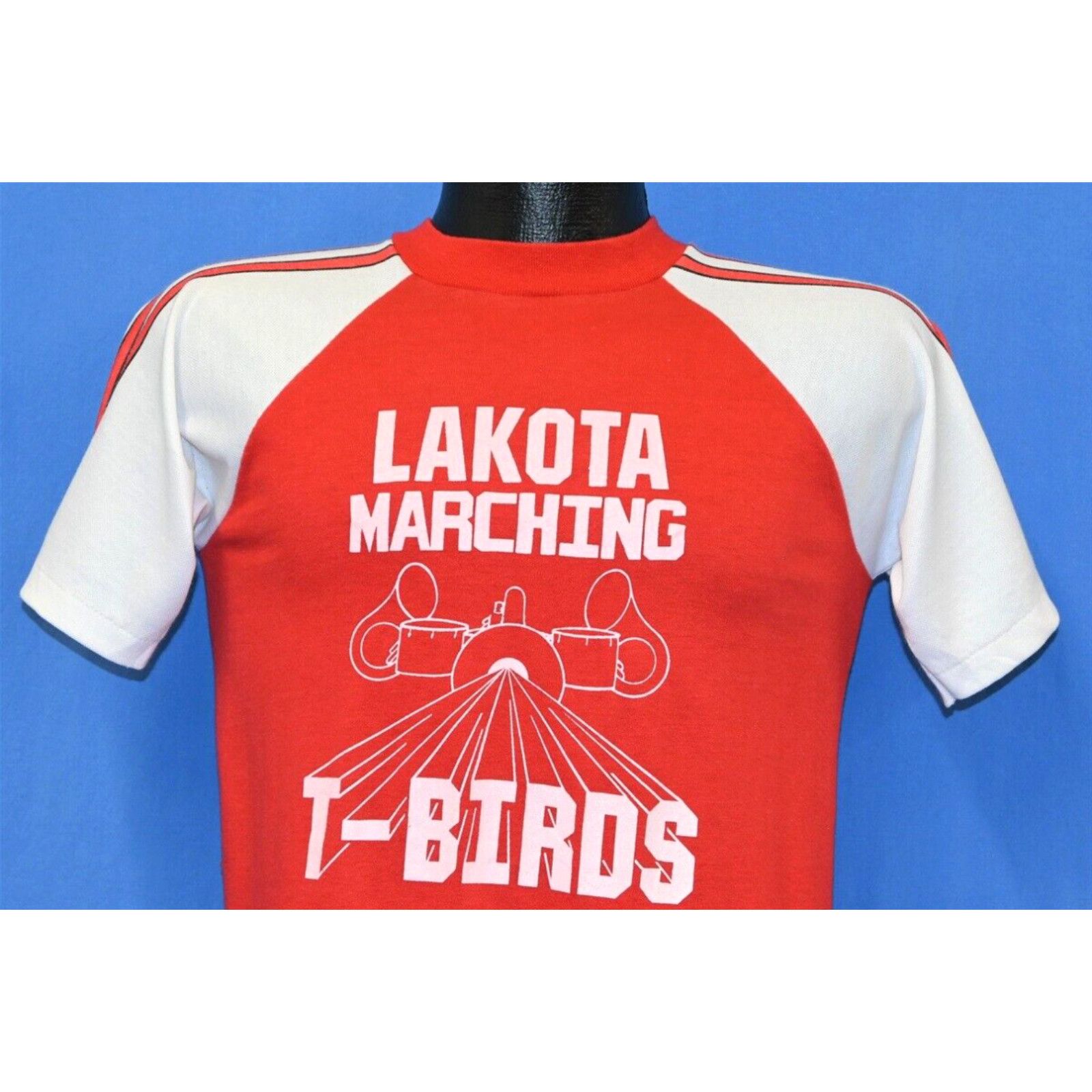 Image of Vintage 80's Lakota Marching T-Birds Band Thunderbirds Ohio Raglan T-Shirt S in White (Size Small)