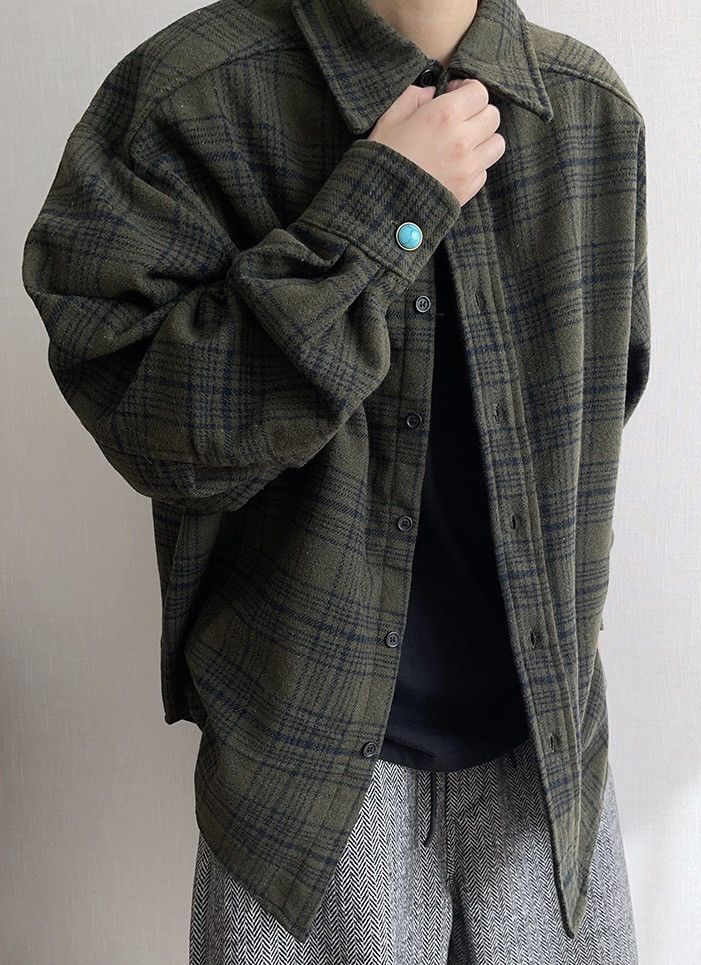 Outdoor retro punk oversized gem button plaid shirt