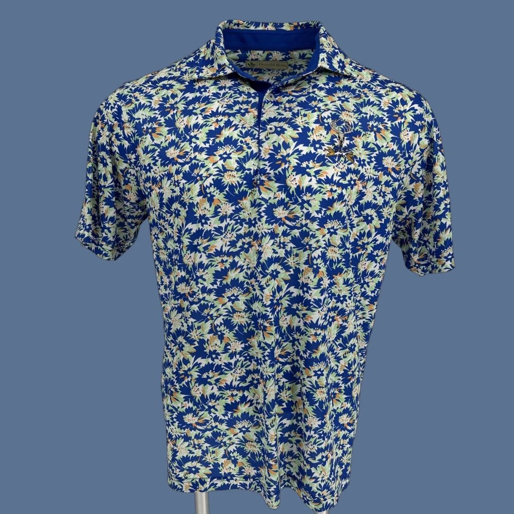 Donald Ross Polo Shirt Mens Medium Blue Floral Tobacco Road Golf Performance