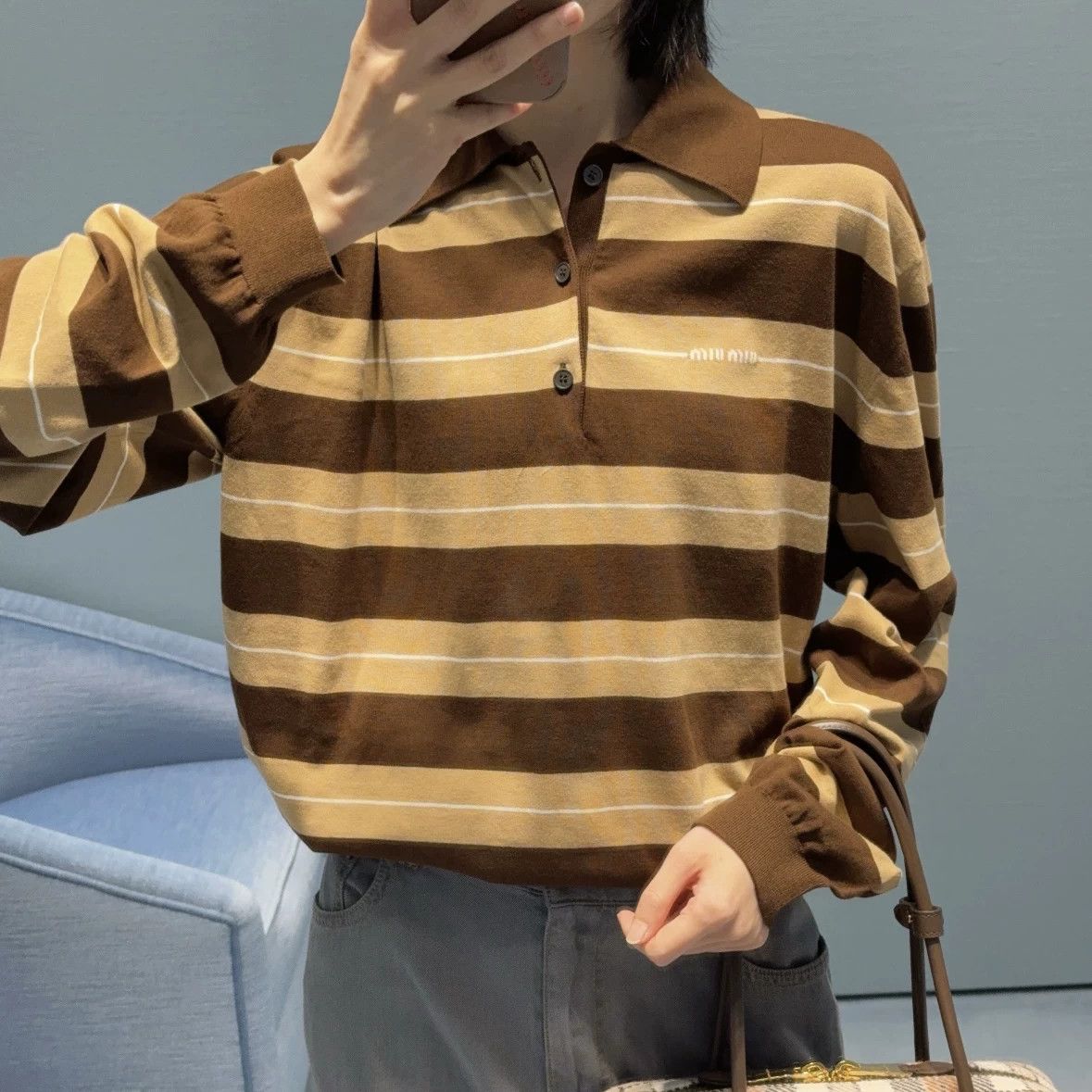 Miu Miu MIU MIU mar579 striped logo long-sleeve Polo 38 Size XS / US 0-2 / IT 36-38 - 8 Thumbnail