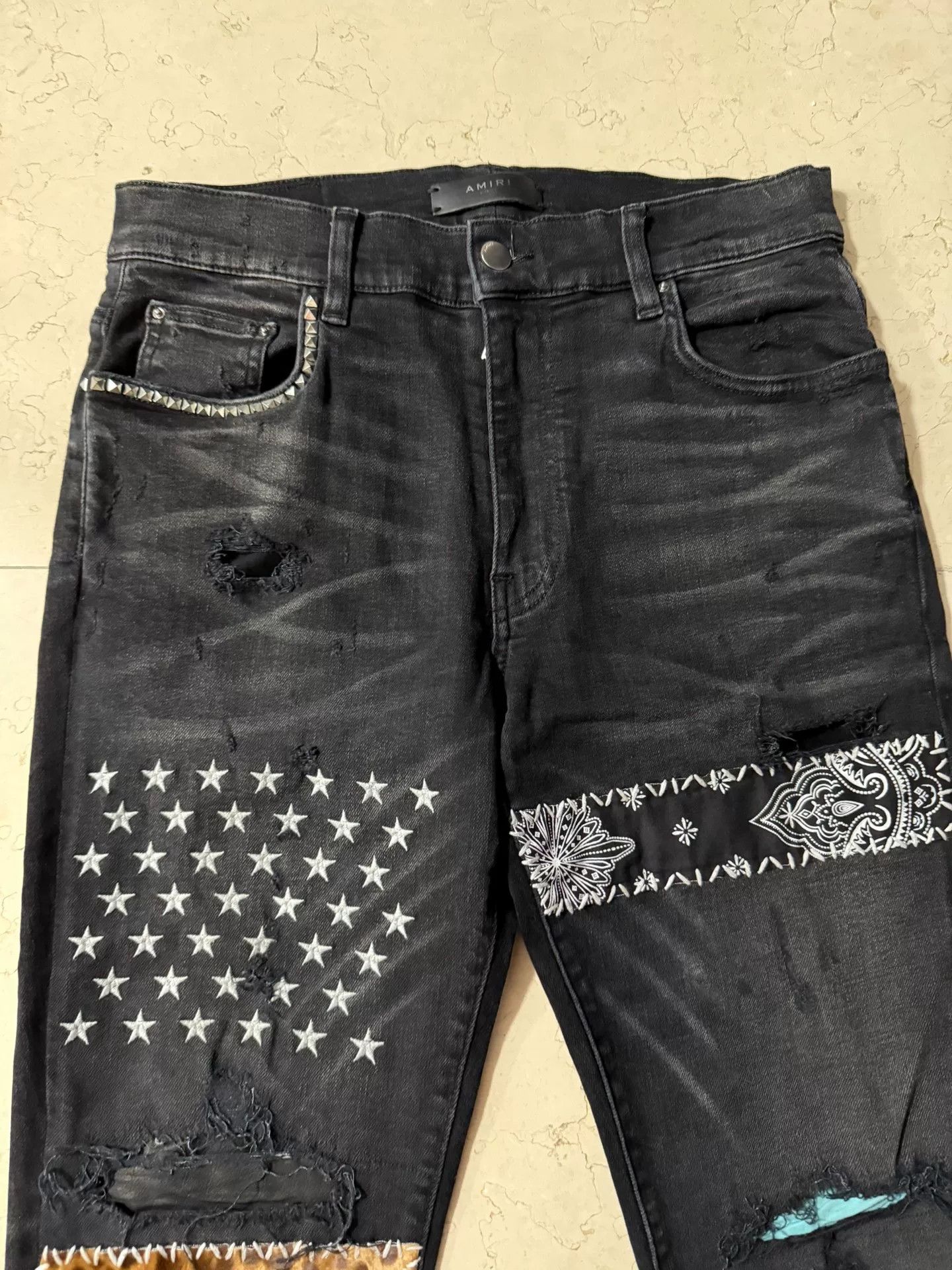 Amiri Amiri Black Patchwork Pattern Denim Pants Size US 33 - 3 Thumbnail