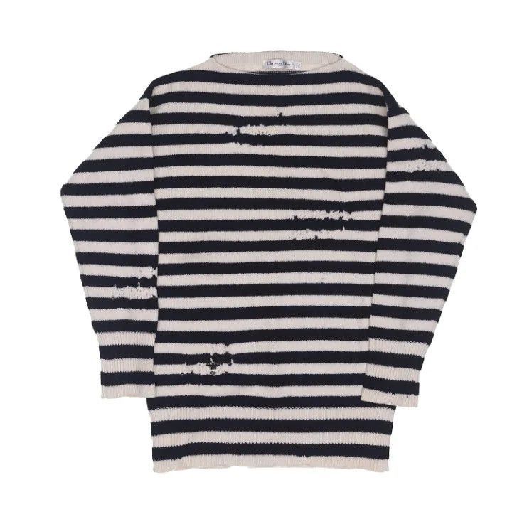 Dior Dior Striped Distressed Embroidered Logo Knit Sweater 0079- Size S / US 4 / IT 40 - 1 Thumbnail