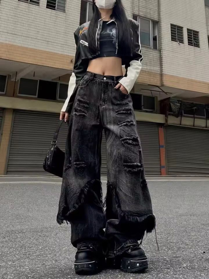 Distressed Wide-Leg Black Denim Pants Streetwear Style
