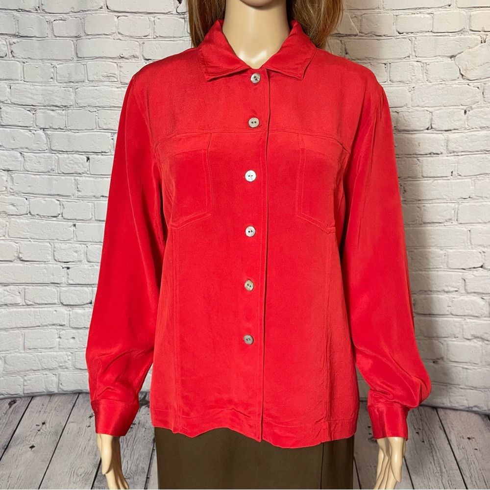 Chicos Chico's Design 100% Silk Red Shirt Jacket Size 1 US M Size M / US 6-8 / IT 42-44 - 2 Thumbnail