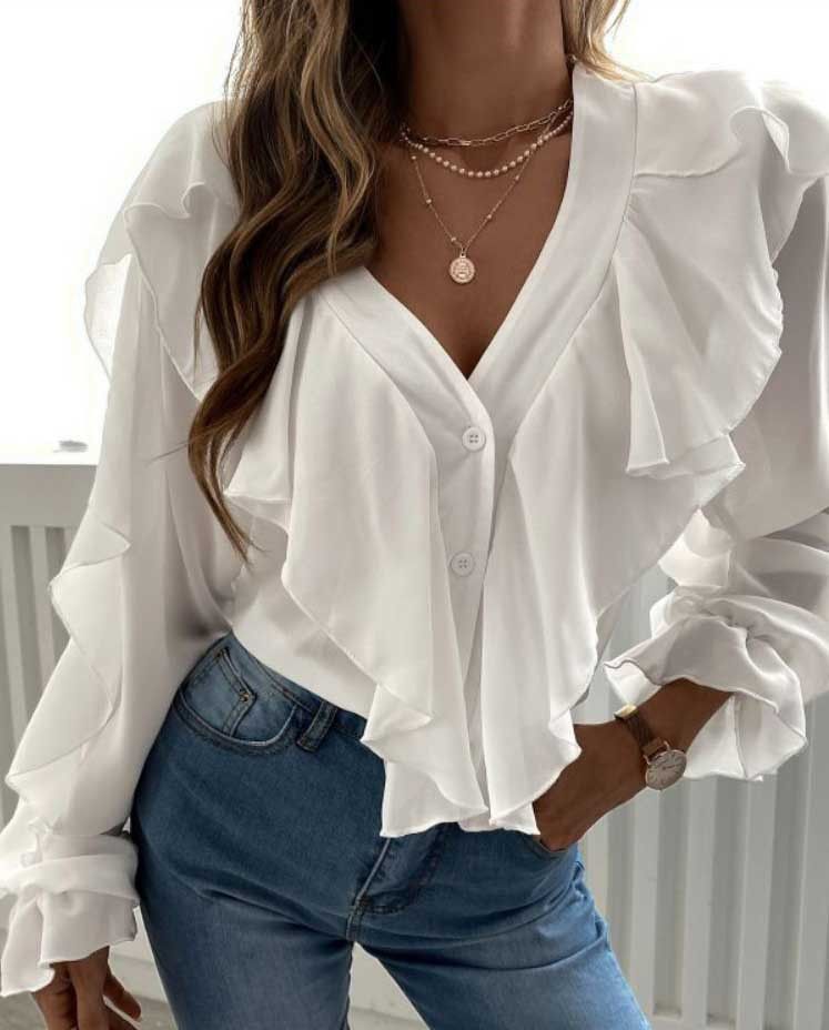 Other Women's Spring Summer V-neck Flounce Top Size M / US 6-8 / IT 42-44 - 1 Thumbnail
