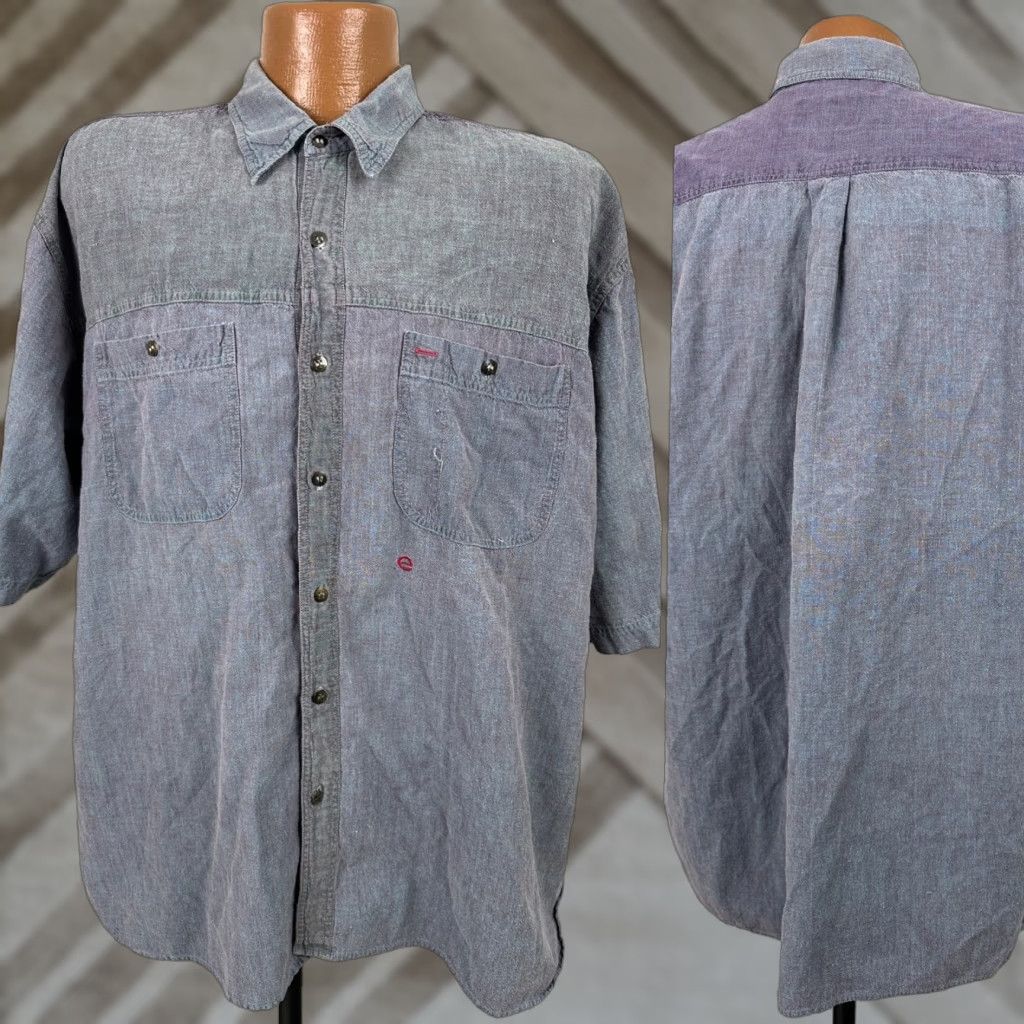 Vintage VINTAGE Marc Daniels Chambray Work Shirt Men XL Purple Blue 90s Grunge Button-Up Short Sleeve Casual Workwear Mens Size US XL / EU 56 / 4 - 1 Thumbnail