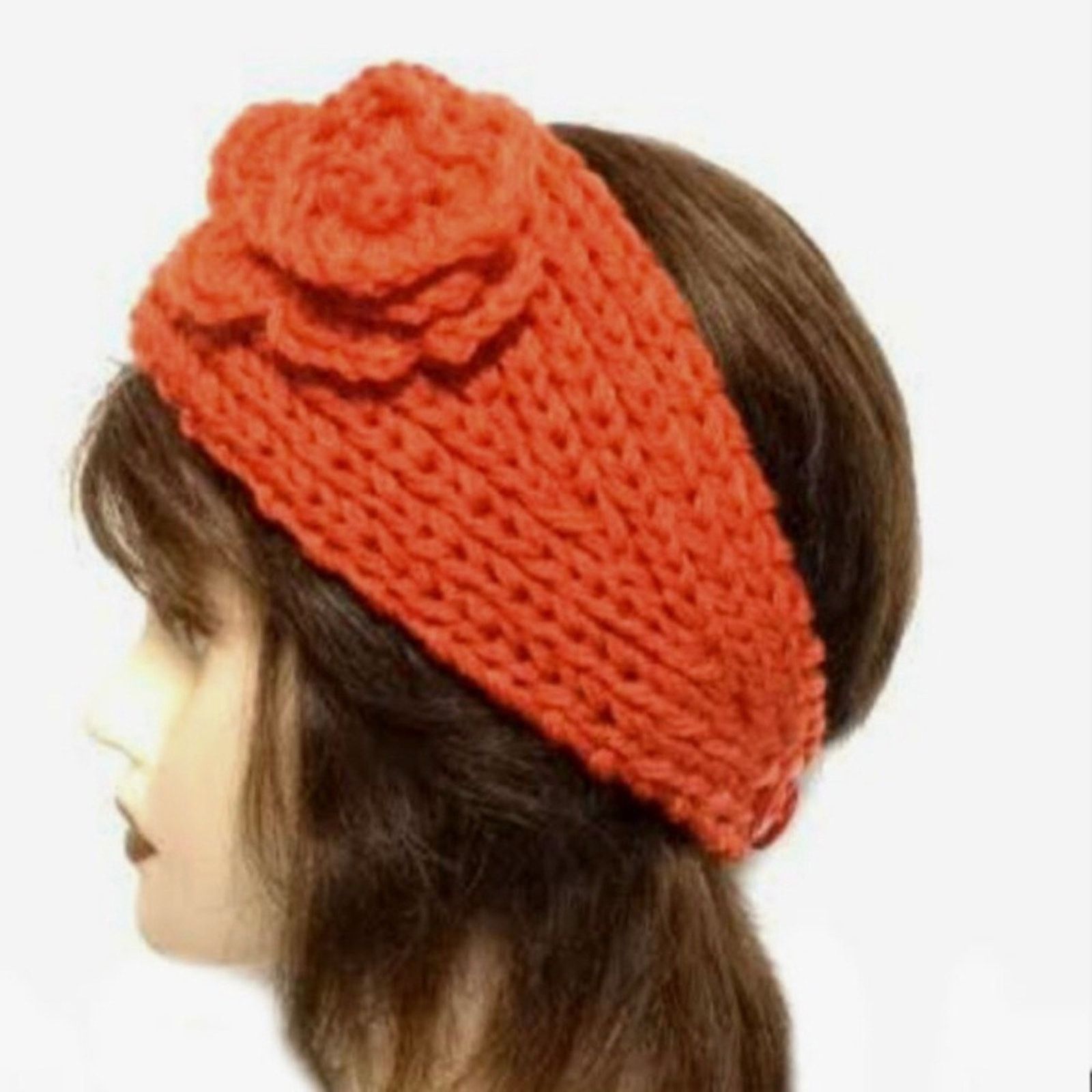 Handmade Knitted ear warmer head wrap orange and beige button close Size ONE SIZE - 5 Thumbnail