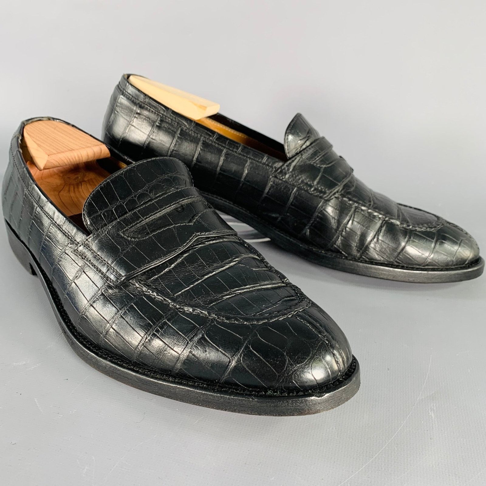 Testoni A. TESTONI Size 11.5 Black Crocodile Leather Penny Loafers Size US 11.5 / EU 44-45 - 1 Thumbnail