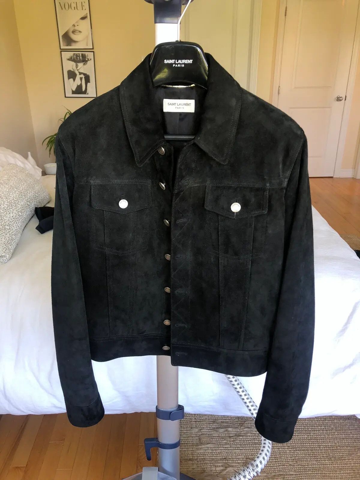 image of st Saint Laurent X Hedi Slimane Suede Trucker Jacket 46 in Black, Men's (Size Small)