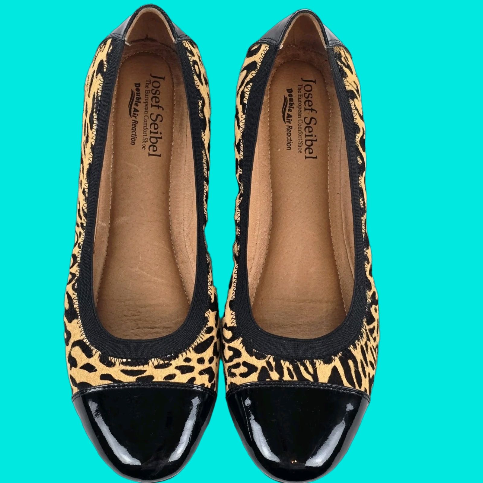 Vintage Josef Seibel Women's Ballet Flats Size 6.5 Black Leopard Print Cap Toe Comfort Shoes