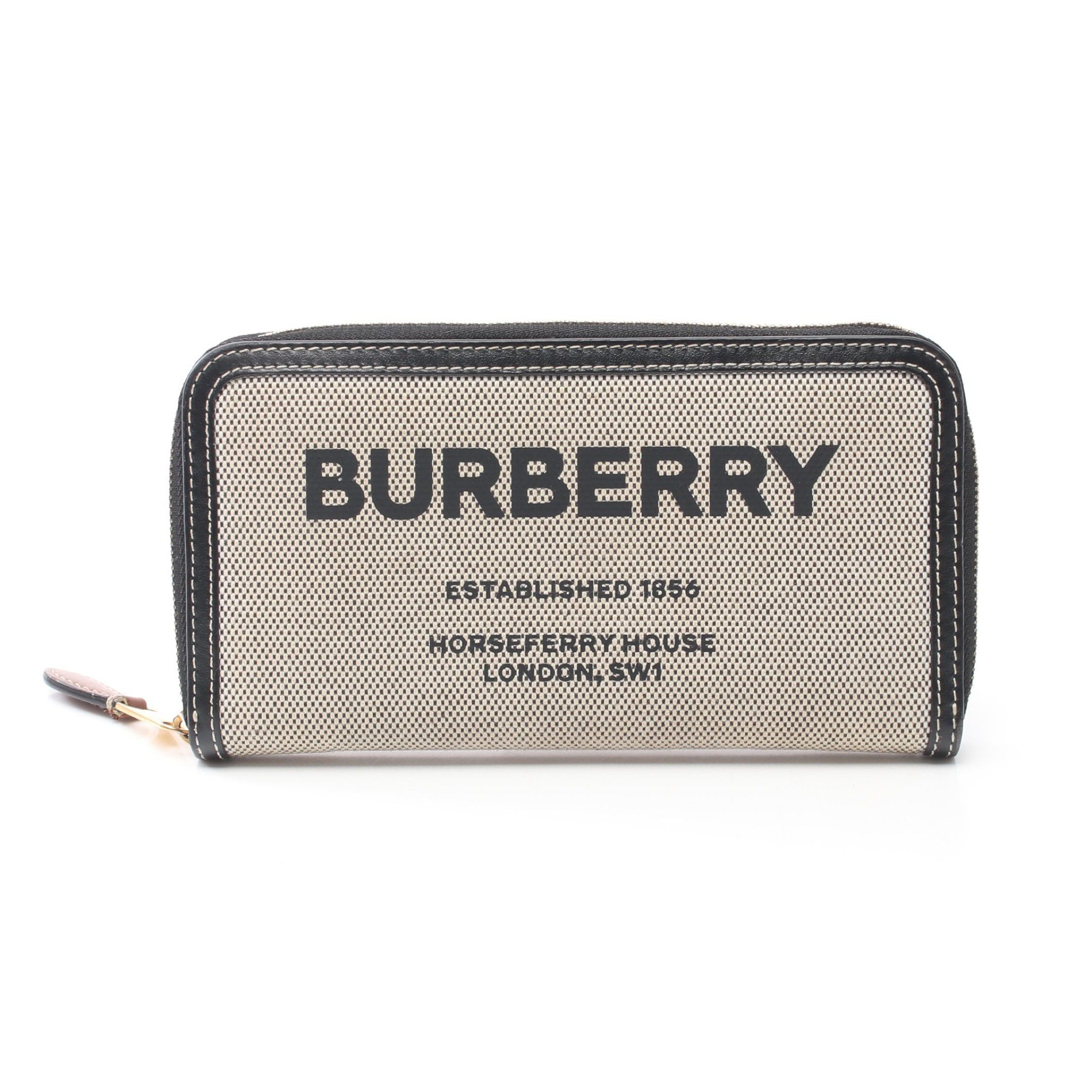 image of Burberry Horseferry Print Round Zipper Long Wallet Canvas Leather Beige Black, Women's