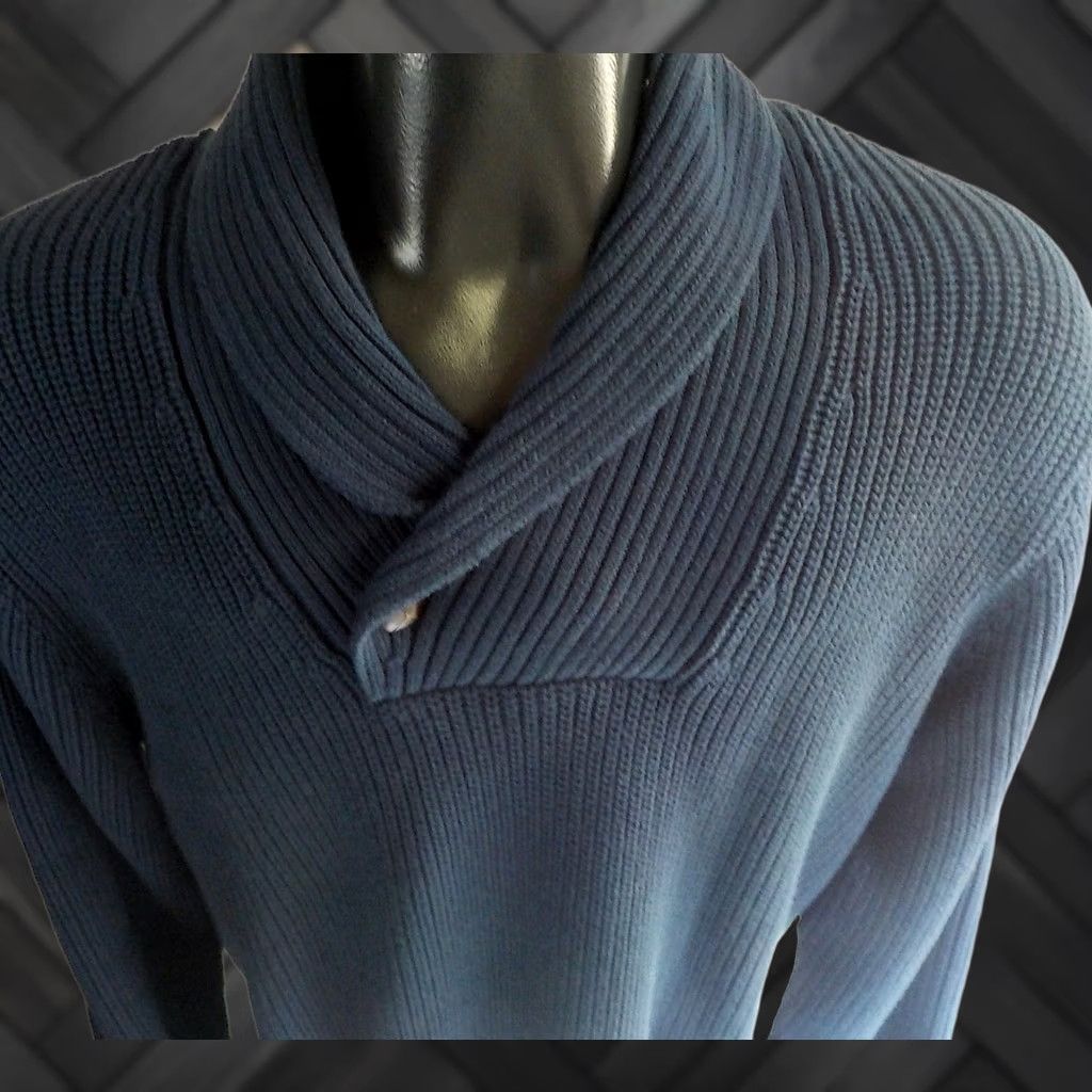 Vintage L.L. Bean 100% Cotton Heavy Knit 1 Button Shawl Collar Sweater Blue SZ LARGE Shirt Mens Regular Large Blue Shawl Knit Sweater Size US L / EU 52-54 / 3 - 1 Thumbnail