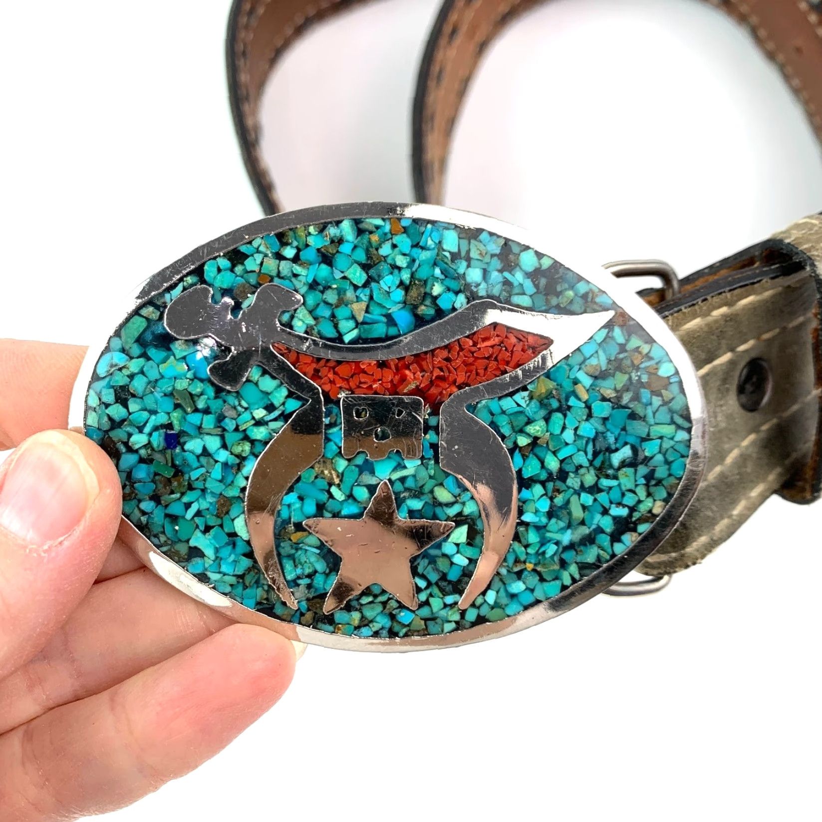 Vintage VINTAGE Nocona Mens Distressed Leather Belt Turquoise Inlay Buckle 36 Gray Inlay Shriners Buckle Size 36 - 3 Thumbnail