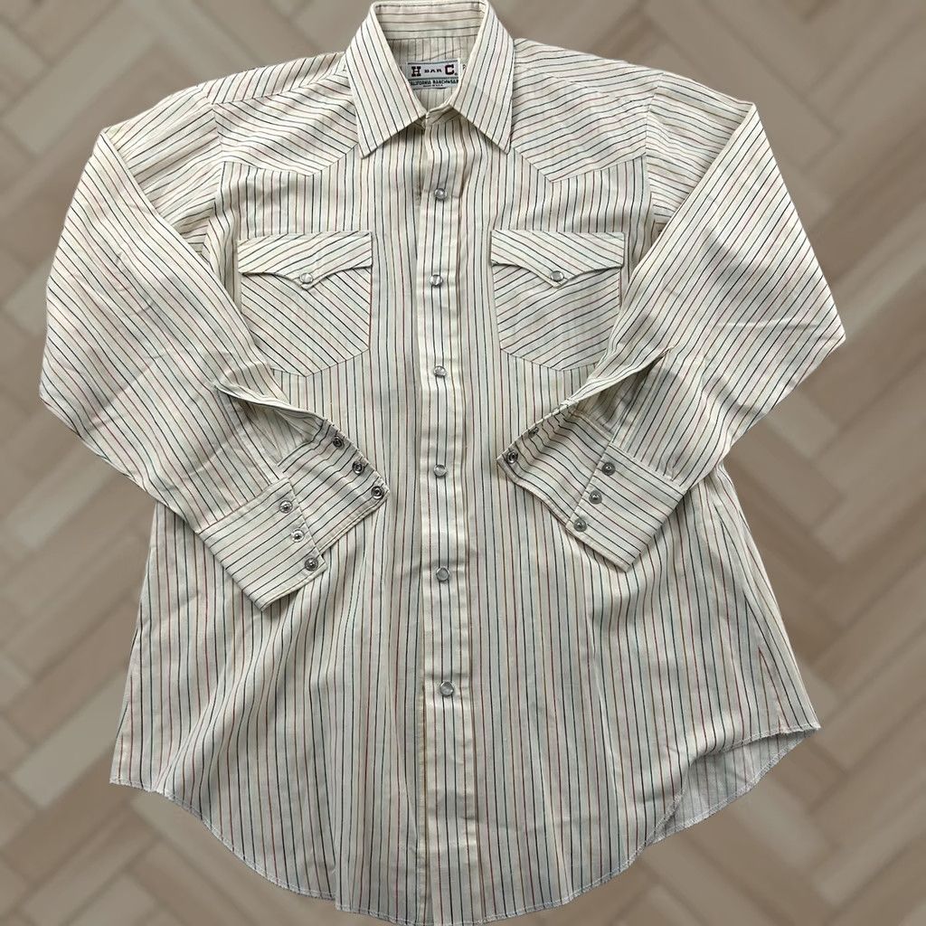 Vintage VINTAGE H Bar C Shirt Long Sleeve Button-Up Striped Beige Mens 15.5 32 Size US L / EU 52-54 / 3 - 1 Thumbnail